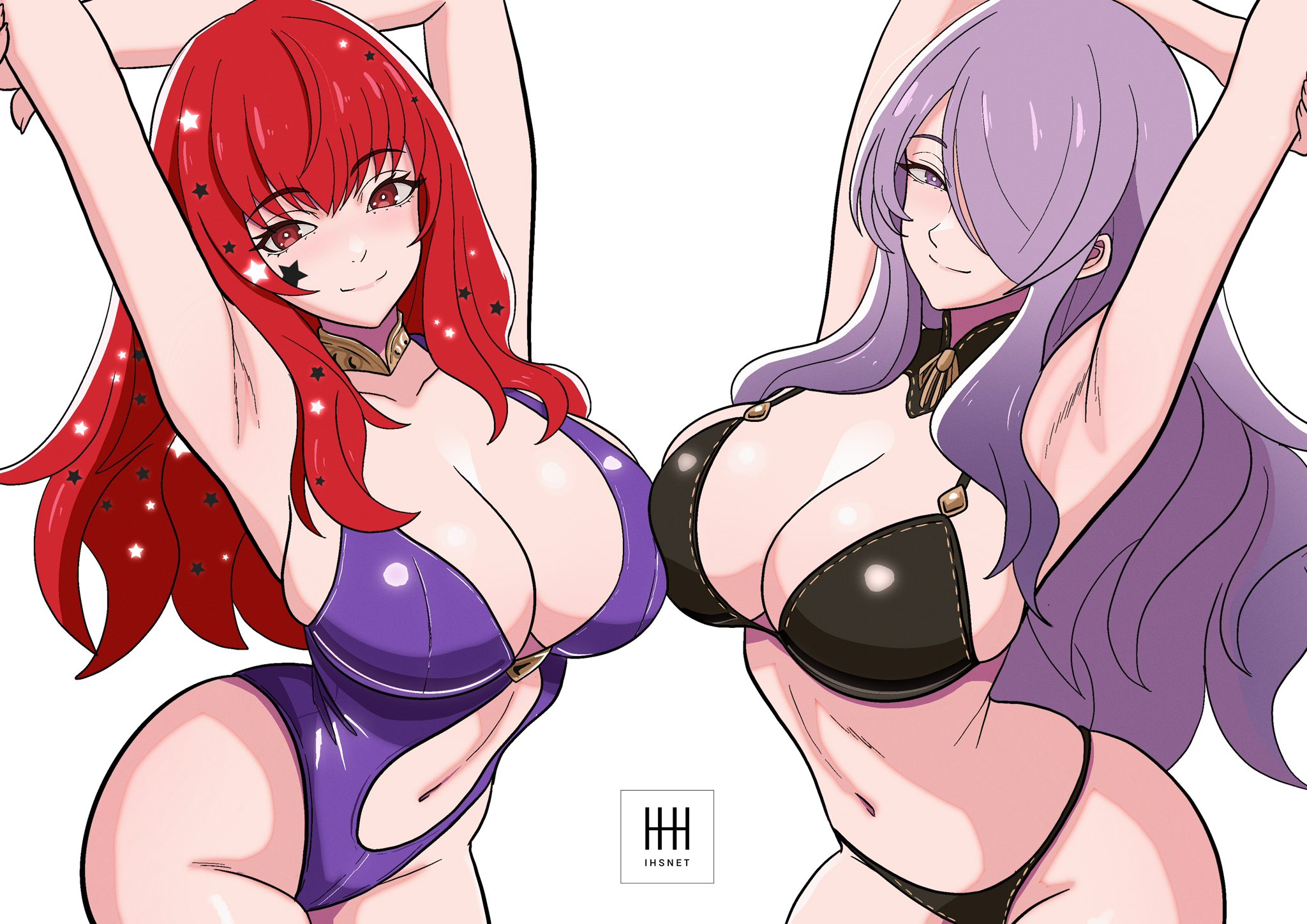 2girls, alluring, arm up, big breasts, bikini, black bikini, breasts, camilla (fire emblem), cleavage, clothing cutout, female, fire emblem, fire emblem engage, fire emblem fates, fire emblem warriors, hair over one eye, halterneck, high res, ihsnet, intelligent systems, long hair, multiple females, multiple girls, navel, navel cutout, nintendo, purple bikini, purple hair, red hair, smile, swimsuit, thick thighs, thighs, yunaka (fire emblem)