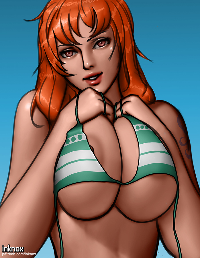 1girls, areola slip, bikini, bikini top, breast squeeze, breasts, female, female only, inknox, long hair, nami (one piece), one piece, orange hair, orange-haired female, partially visible nipples, solo, striped bikini
