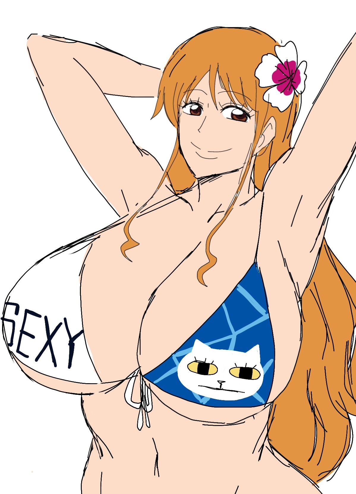 1girls, 2d, 2d (artwork), 2d artwork, arms up, big breasts, bikini, bikini top, breasts, breasts bigger than head, brown eyes, brown-eyed female, digital drawing (artwork), digital media (artwork), female, female focus, female only, flower in hair, human, large breasts, light skin, light-skinned female, long hair, long-haired female, looking at viewer, looking pleasured, mature, mature female, momiji (artist), nami (one piece), one piece, one piece film gold, orange hair, orange-haired female, pirate, pirate girl, post-timeskip, smile, smiling at partner, solo, solo female, solo focus, swedish, swedish female, white background
