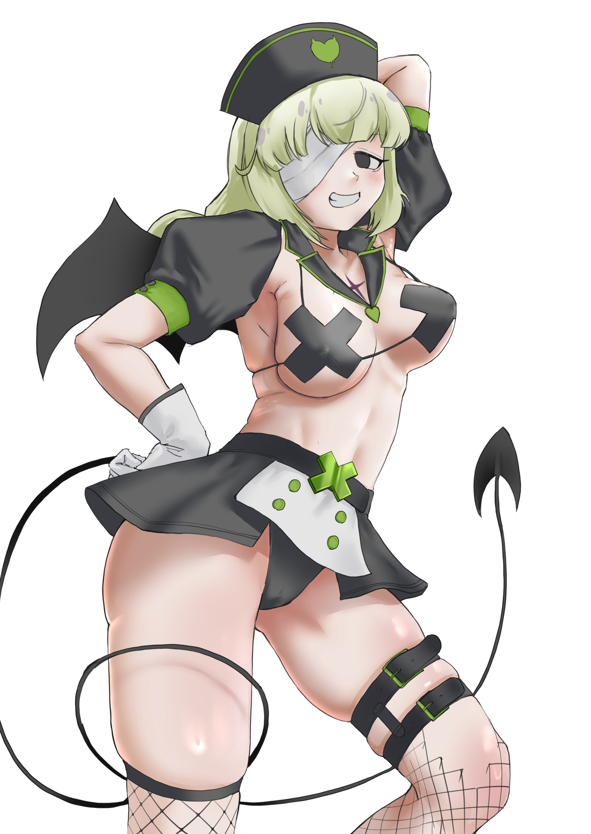 1girls, araga kiwi, breasts, dark magical girl, female, female only, fishnets, green eyes, green hair, leopard (mahou shoujo ni akogarete), leoparde (mahou shoujo ni akogarete), light skin, light-skinned female, magical girl, mahou shoujo ni akogarete, marilyn12 25, miniskirt, nurse, nurse outfit, nurse uniform, revealing clothes, skimpy clothes, skindentation, skirt, tail, thick thighs, thighhighs, uniform, white background, wings