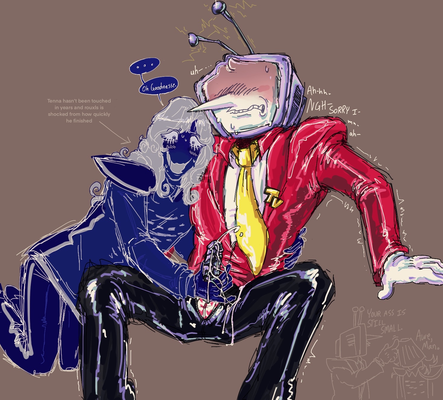 blank background, blush, clothed, deltarune, deltarune chapter 3, embarrassed, gloved handjob, handjob, heart boxers, humiliated, humiliation, male, on knees, penis, robotic genitalia, rouxls kaard, sensitive, sensitive penis, shiny clothes, small ass, small ass humiliation, sweat, sweating, tenna (deltarune), yaoi