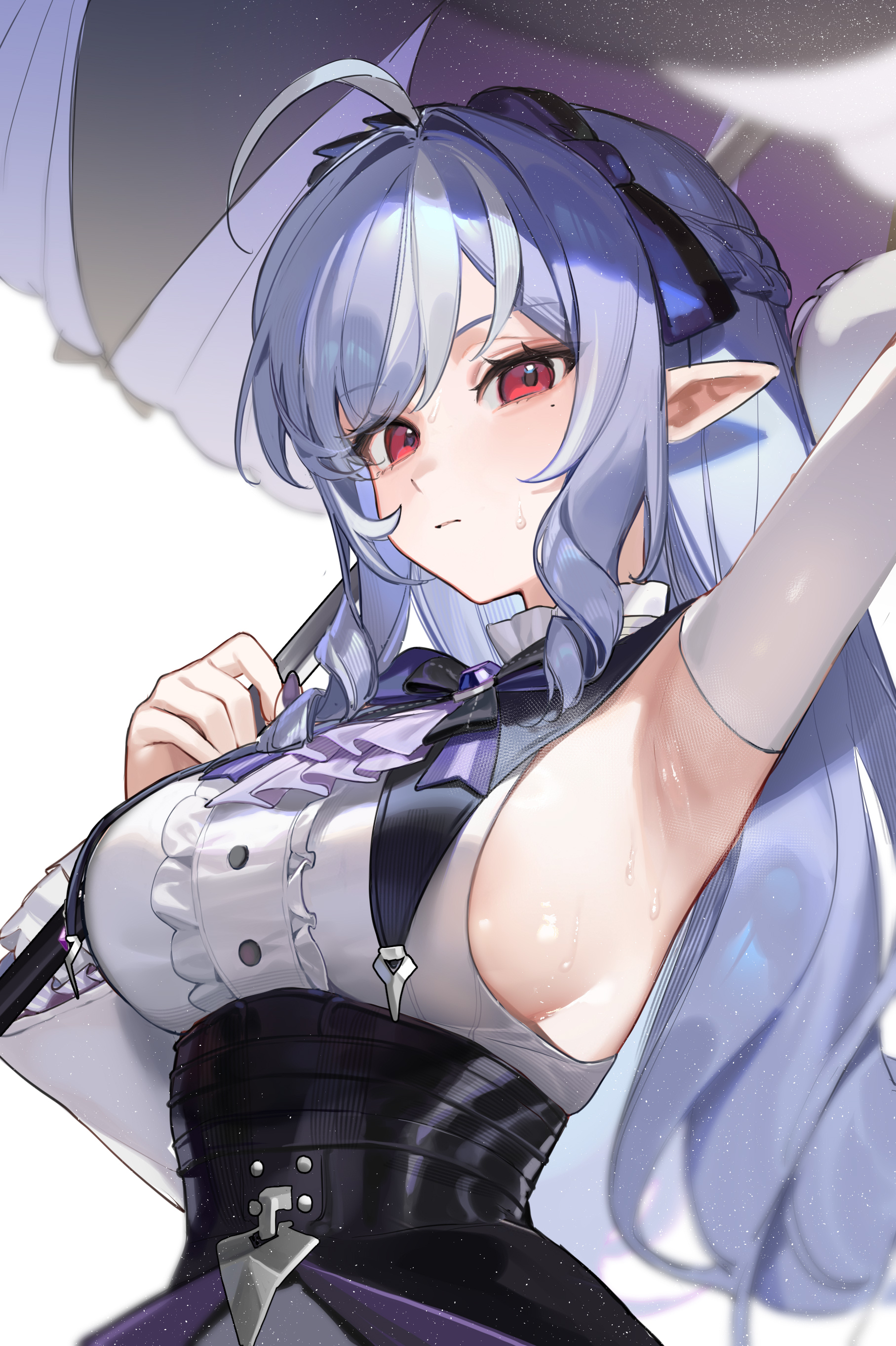 absurdres, ahoge, arm behind head, armpits, black corset, bow, bowtie, breasts, center frills, corset, dress, female, frills, gothic lolita, hairband, highres, holding, holding umbrella, large breasts, light particles, lolita fashion, long hair, long sleeves, looking at viewer, mole, mole under eye, pointy ears, purple bow, purple bowtie, purple hair, purple hairband, purple umbrella, red eyes, sideboob, simple background, smilesmile1312, solo, sweat, umbrella, upper body, vampire, vivian (zenless zone zero), vivian banshee, white background, zenless zone zero