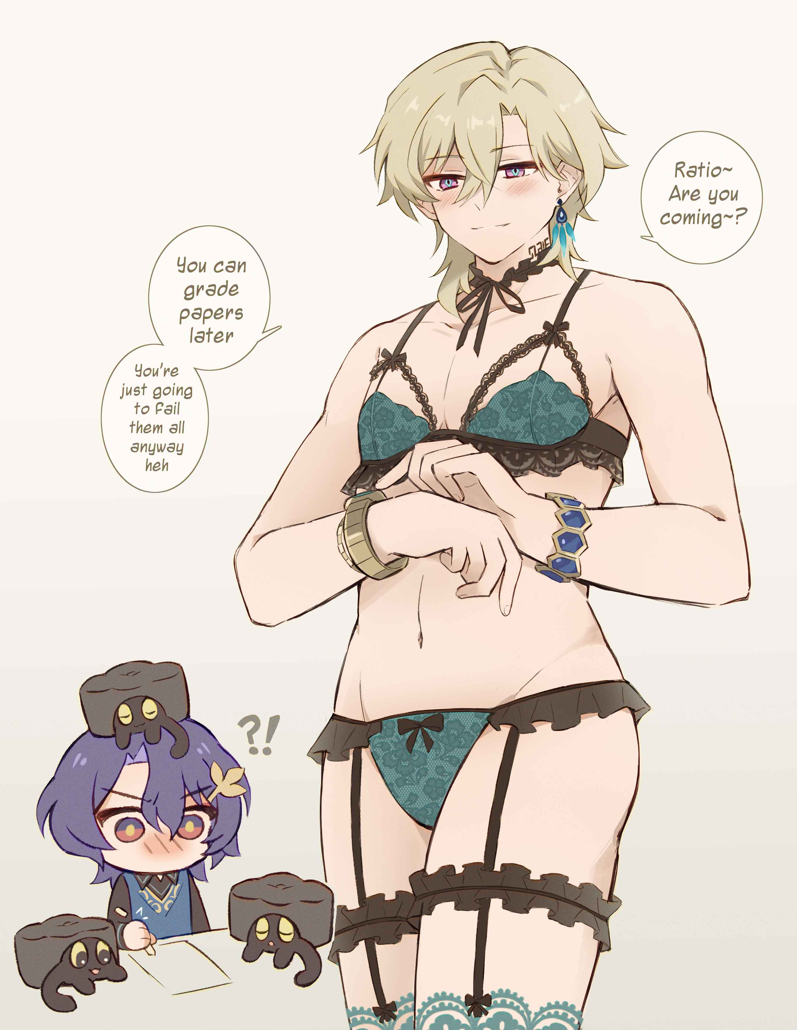 2boys, aventurine (honkai: star rail), blush, color, dialogue, dr. ratio (honkai: star rail), gay, honkai: star rail, lingerie, male, male only, thick thighs, yaoi