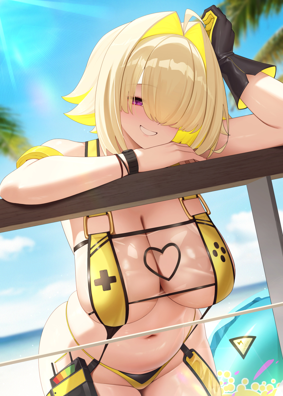 1girls, black gloves, blonde hair, blush, breasts, cleavage, commentary, day, elegg (boom and shock) (nikke), elegg (nikke), female, gloves, goddess of victory: nikke, hair intakes, hair over one eye, highres, huge breasts, leaning forward, looking at viewer, navel, official alternate costume, one eye covered, outdoors, purple eyes, short hair, sideboob, single glove, smile, solo, stomach, wei xiao