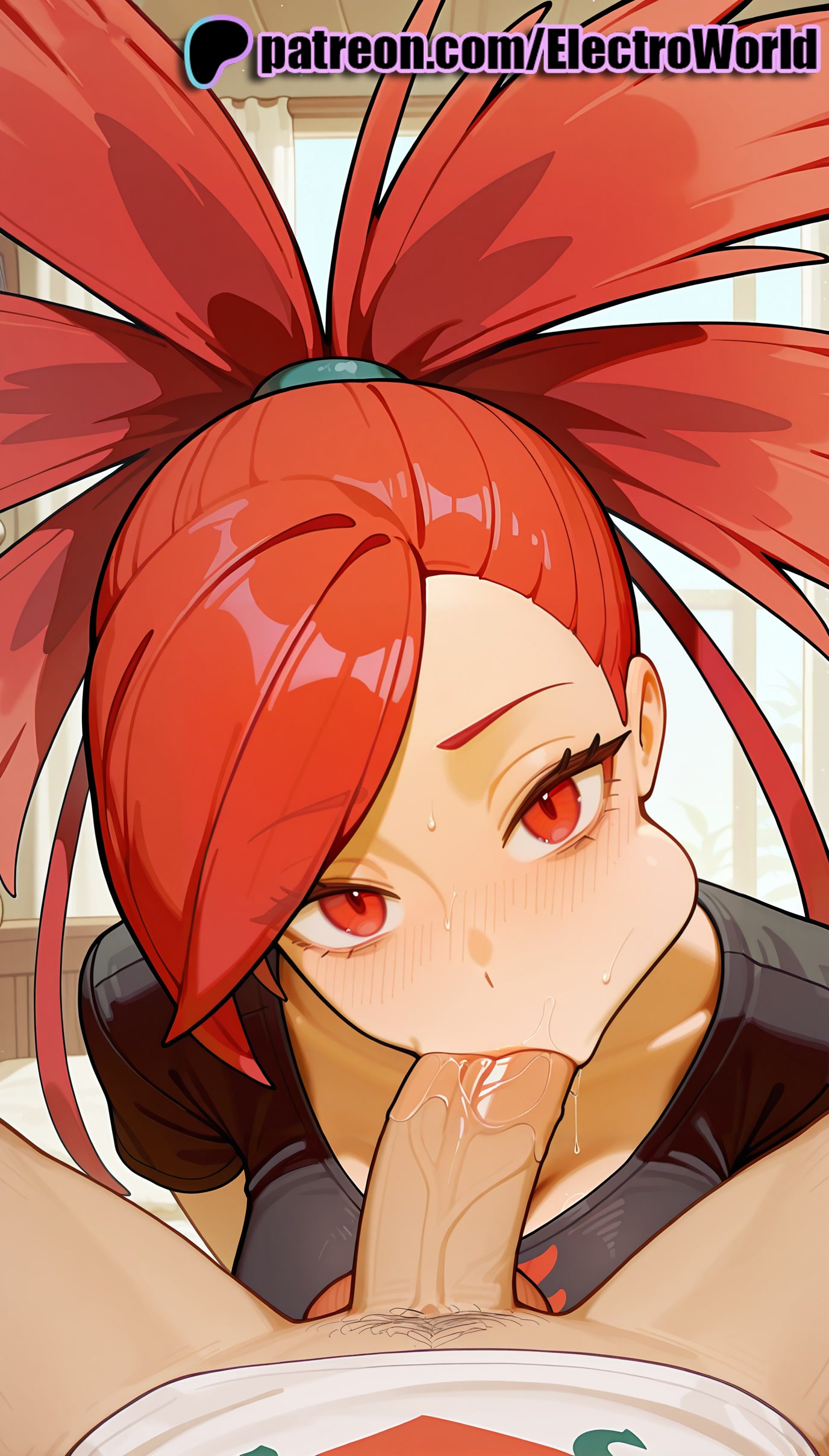 1boy, 1girls, 2025, ai generated, artist name, blowjob, blowjob face, blush, cheek bulge, cock, dick, electroworld, fellatio, female, flannery (pokemon), hi res, high quality, high resolution, highres, licking, long hair, male, oral, oral sex, orange hair, patreon, patreon username, penis, pokemon, red eyes, red hair, stable diffusion, straight, sucking, uncensored, watermark
