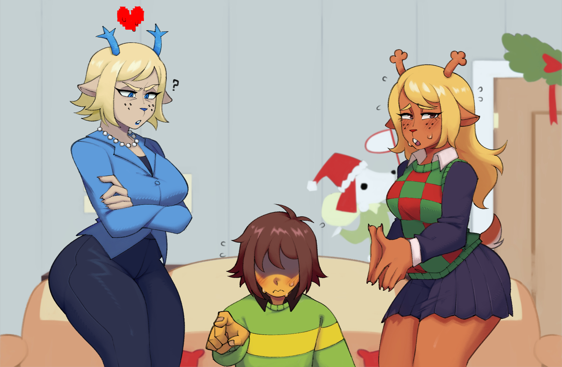 ambiguous gender, anthro, antlers, attractive, attractive body, attractive female, black bottomwear, black clothing, black pants, black skirt, blonde hair, blue antlers, blue clothing, blue jacket, blue nose, blue snout, blue topwear, blush, bodily fluids, bottomwear, brown hair, carol holiday, choice, clothing, crossed arms, daughter, daughter (lore), decision, deer, deltarune, digital media (artwork), female, freckled face, gem, gesture, green clothing, green shirt, green sweater, green topwear, group, hair, hair between eyes, hand gesture, hi res, horn, human, jacket, jewelry, kris (deltarune), looking at another, mammal, meme, mother, mother (lore), mother and child, mother and child (lore), mother and daughter, mother and daughter (lore), nebu27, necklace, nervous, noelle holiday, pants, parent, parent (lore), parent and child, parent and child (lore), parent and daughter, parent and daughter (lore), pearl (gem), pearl necklace, pointing, pointing at viewer, questionable, scut tail, short hair, short tail, skirt, soul (deltarune), sweat, sweater, tail, topwear, trio, twitter link, undertale (series), vest