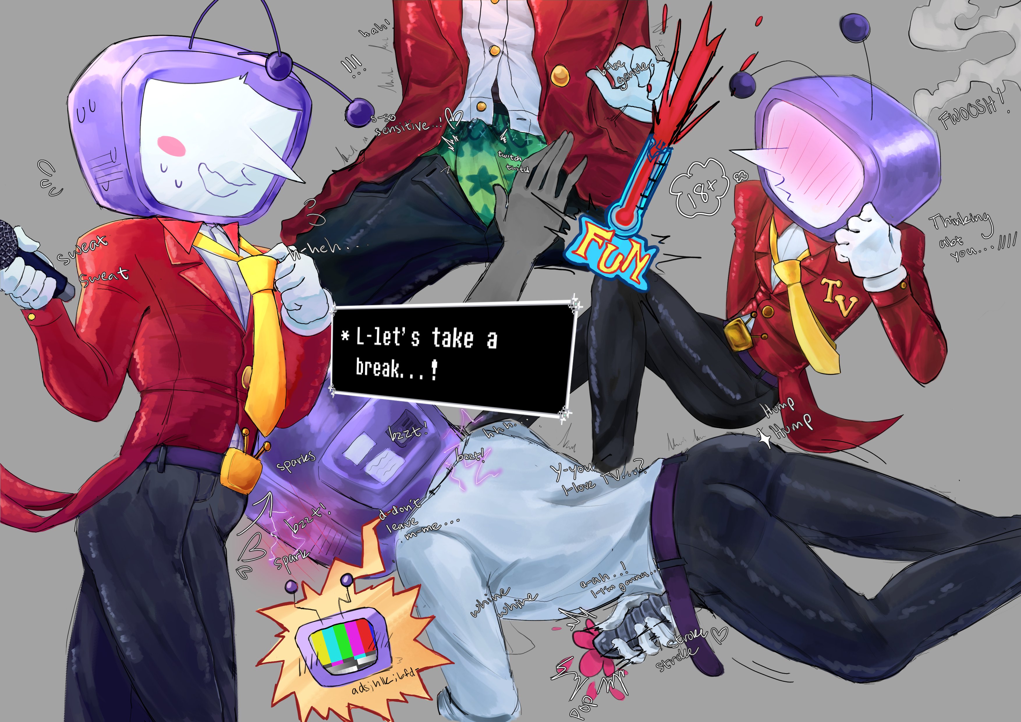 blush, blush lines, blushing, clothed, clothing, crt, cum in underwear, deltarune, deltarune chapter 3, electronics, loose necktie, male, needy, solo, submissive, submissive male, suit, sweat, sweating, tenna (deltarune), tv, tv head, underwear, vitamin c