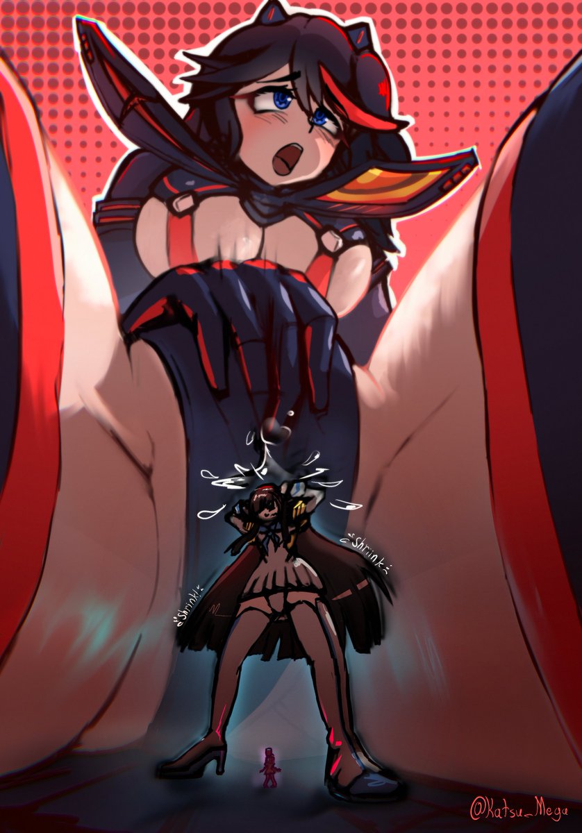 between legs, female, giantess, jakuzure nonon, katsu mega, kill la kill, kiryuuin satsuki, masturbation, matoi ryuuko, panties, shrinking, shrunken female, simple background, size difference, smaller female