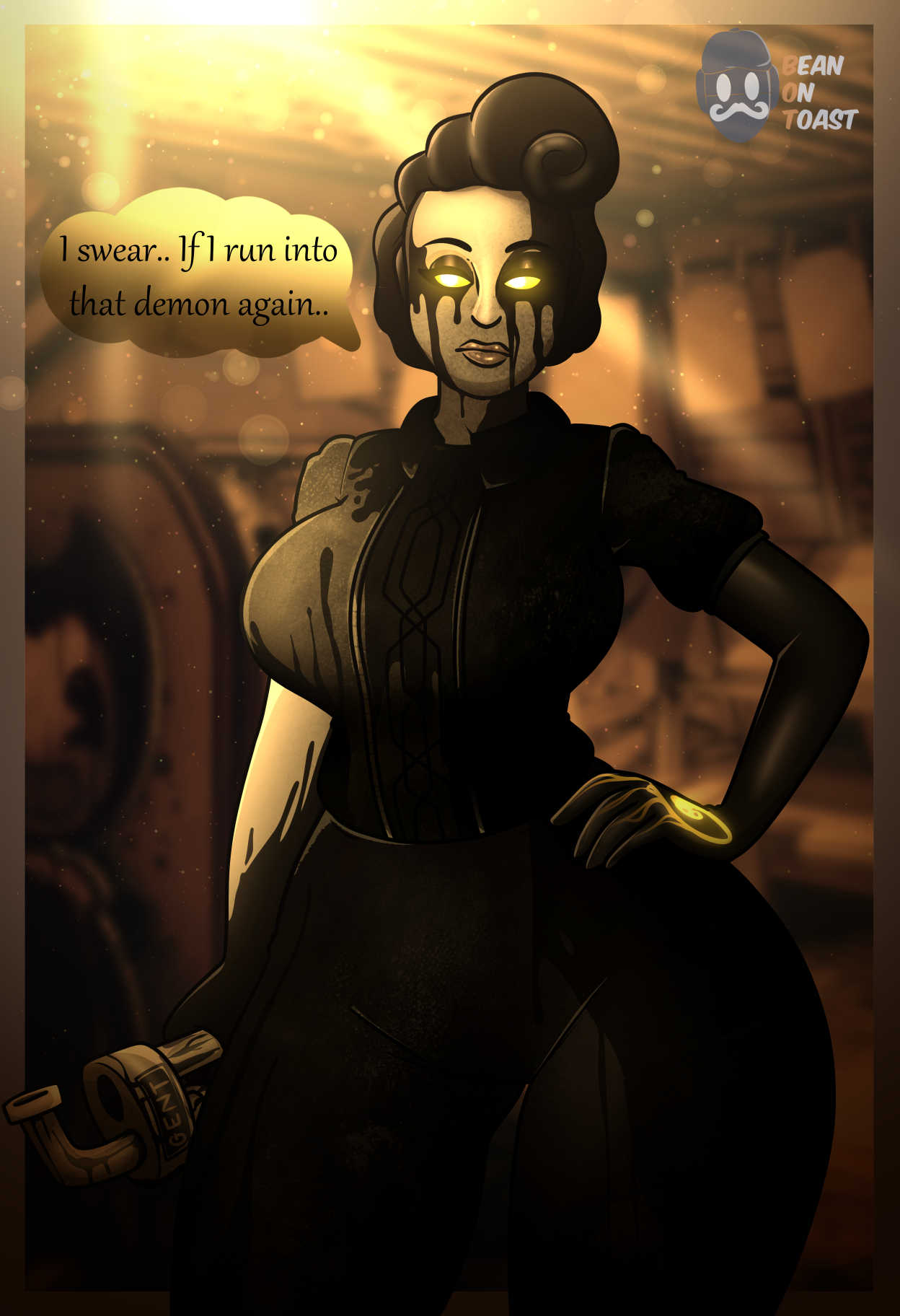 2025, 2d, 2d (artwork), 2d artwork, artist logo, artist name, audrey drew, beanontoast, bendy and the dark revival, bendy and the ink machine, big breasts, black hair, breasts, female, female only, glowing eyes, gold skin, ink, large breasts, thick thighs