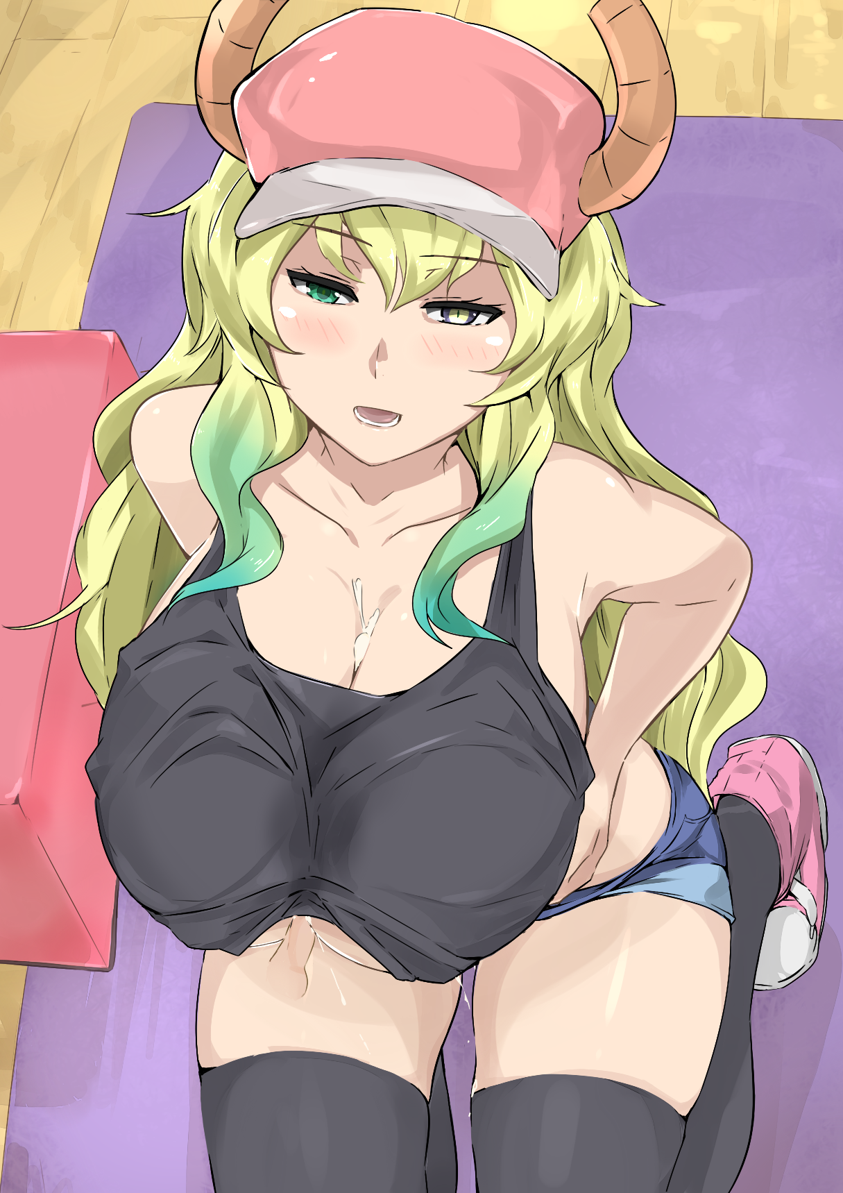 :d, 1girls, after paizuri, bare shoulders, baseball cap, black eyes, black legwear, black tank top, blue shorts, blush, breast hold, breasts, cafekun, cleavage, cum, cum on body, cum on breasts, cum on upper body, denim, denim shorts, dragon girl, dragon horns, female, female only, from above, green eyes, green hair, hat, heterochromia, highres, horns, huge breasts, kneeling, long hair, looking at viewer, miss kobayashi's dragon maid, multicolored, multicolored eyes, multicolored hair, open mouth, paizuri, paizuri under clothes, perpendicular paizuri, pink footwear, pink hat, quetzalcoatl (dragon maid), short shorts, shorts, slit pupils, smile, solo, tank top, thighhighs, wavy hair, yellow pupils