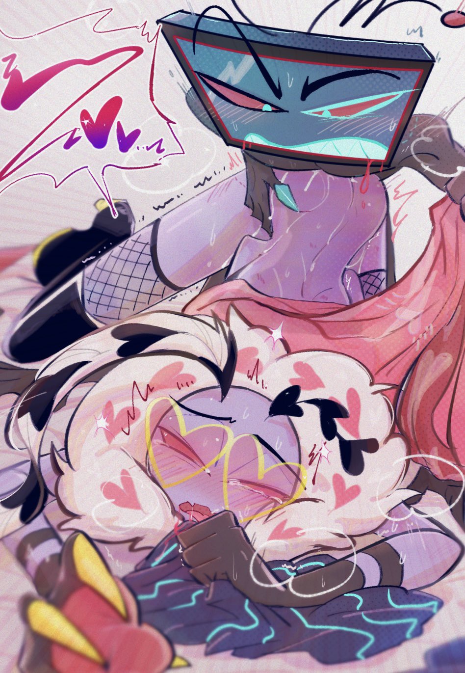anal, ass, ass up, clutching, clutching sheets, cute, from behind, from behind position, gay, gay sex, hazbin hotel, male, minekopoison, sex, sweat, tongue, tongue out, trembling, valentino (hazbin hotel), vox (hazbin hotel)