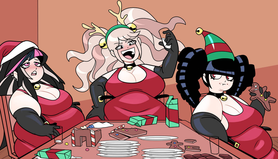 3girls, alternate body size, alternate breast size, antler headband, asymmetrical bangs, bangs, bbw, bell, bell collar, big belly, big breasts, black elbow gloves, black gloves, black hair, black-haired female, blonde female, blonde hair, blonde-haired female, blue highlights, blunt bangs, blush, blushing, blushing female, breast rest, breasts, breasts on belly, celestia ludenberg, choppy bangs, christmas, christmas outfit, cleavage, closed mouth, clothed, clothed female, collar, cookie, crumbs, crumbs on face, danganronpa, danganronpa 2: goodbye despair, diagonal bangs, dress, drill hair, ear piercing, eating, eating cookie, eating food, elbow gloves, elf hat, fat, fat belly, fat female, feet out of frame, female, female only, food, food on face, gingerbread cookie, gingerbread man, gloves, goth, goth girl, gothic lolita, hand on leg, hand on own leg, hand on own thigh, hand on thigh, holding, holding cookie, holding cup, holding food, holding glass, holding milk, huge belly, indoors, junko enoshima, light skin, light-skinned female, milk, mioda ibuki, multicolored hair, navel, navel visible through clothes, obese, obese female, open mouth, overweight, overweight female, pierced ears, pink eyes, pink highlights, pink-eyed female, red dress, red eyes, red-eyed female, reindeer antlers, santa costume, santa hat, sidelocks, sitting, sitting in chair, spike piercing, stuffed, stuffed belly, superspoe, swept bangs, tight clothing, twin drills, twintails, undone belt, white highlights