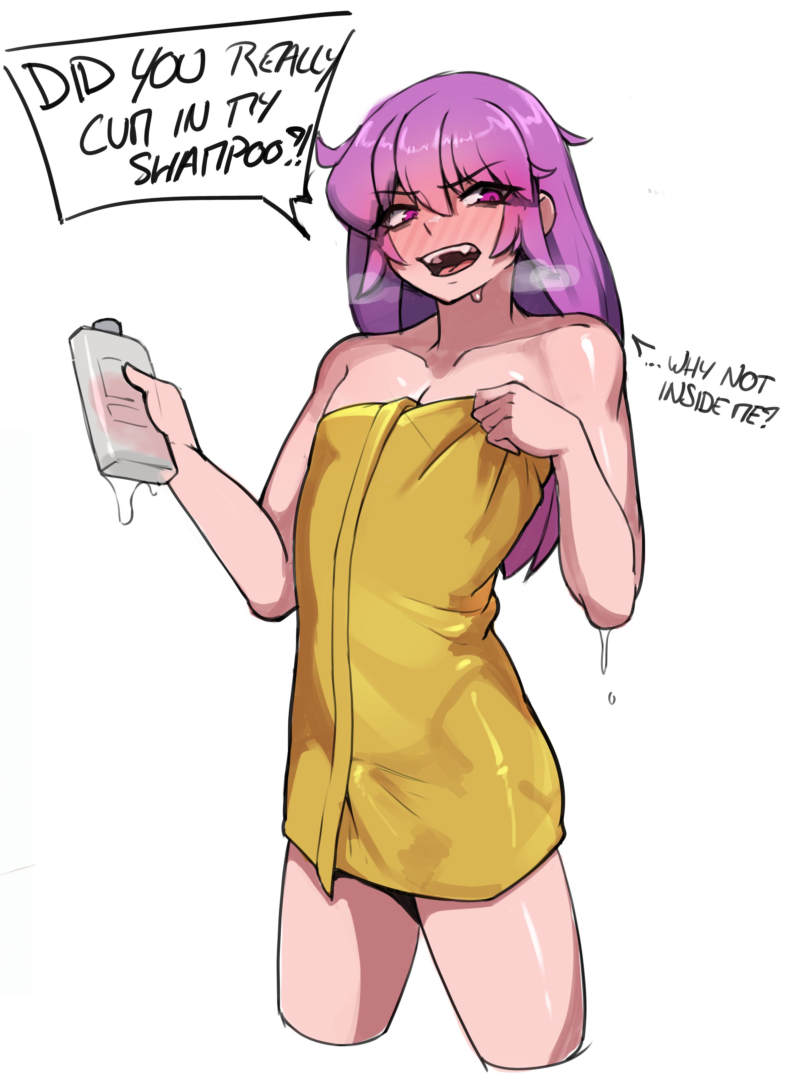 1boy, bare shoulders, cum, cum in bottle, cum in shampoo, femboy, feminine male, light skin, light-skinned male, lipstick, male, male only, nun (nunsafeforwork), nunsafeforwork, purple eyes, purple hair, purple lipstick, thighs, towel, towel only, trap, twink