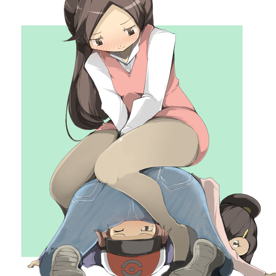 10s, 1boy, 2girls, ass, baseball cap, between thighs, blush, brown eyes, brown hair, clerk (pokemon), denim, facesit, facesitting, female, femdom, hair ornament, hairclip, hat, hilbert (pokemon), jeans, long hair, male, multiple females, multiple girls, name john, nintendo, npc trainer, office lady, pants, pantyhose, pokemon, pokemon bw, ponytail, sitting, sitting on face, sitting on person, smile, smothering, thighs, wince
