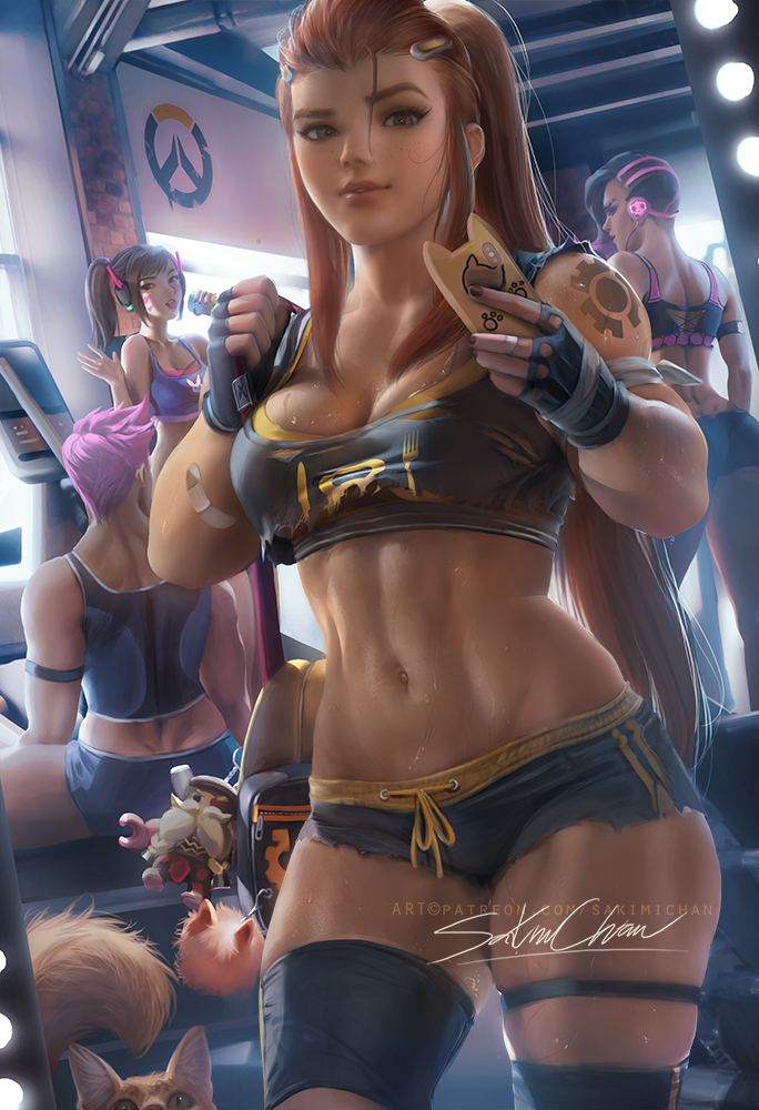 2d, 4girls, asian, big breasts, blizzard entertainment, breasts, brigitte, brigitte lindholm, cleavage, d.va, female, female only, hana song, latina, looking at viewer, multiple females, multiple girls, muscles, muscular, muscular female, overwatch, sakimichan, solo focus, sombra, tattoo, torn clothes, video games, zarya