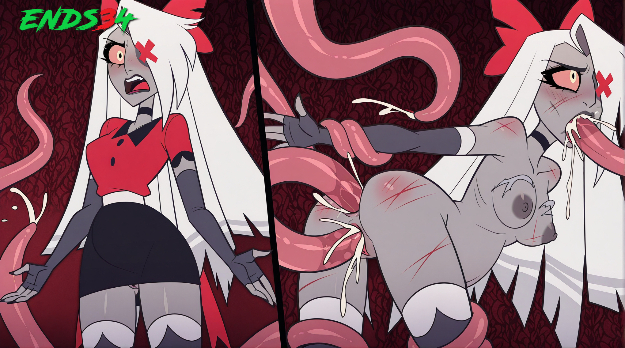 ai, ai assisted, ai generated, angry, cum, cum inside, defeated, ends34, female, female focus, fit, grey body, grey-skinned female, hazbin hotel, long hair, oral, oral sex, pregnant, rape, restrained, silver hair, stockings, tentacle, tentacle rape, tentacle sex, vaggie (hazbin hotel)