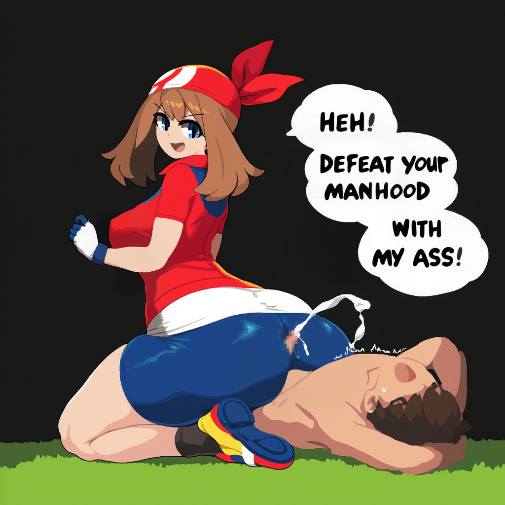 achamo (ai generator), ai generated, ass, assjob, big ass, big breasts, big butt, bike shorts, bouncing ass, breasts, buttjob, censored penis, covered assjob, covered buttjob, cum, cum on ass, female, femdom, hotdogging, huge ass, male, may (pokemon), may buttjob, nintendo, penis, pixel art, pokemon, simple background, smile, tied hands, two-tone gloves