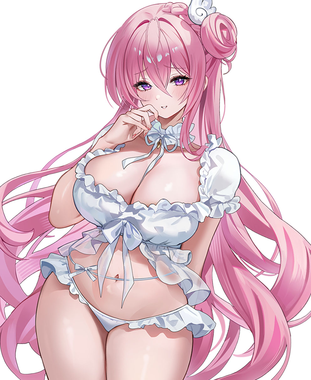 bikini, breasts, cleavage, cowboy shot, dorothy (nikke), dorothy (serendipity) (nikke), female, frilled bikini, goddess of victory: nikke, hand on chin, huge breasts, mrr 05, parted lips, smile, thick thighs, wide hips