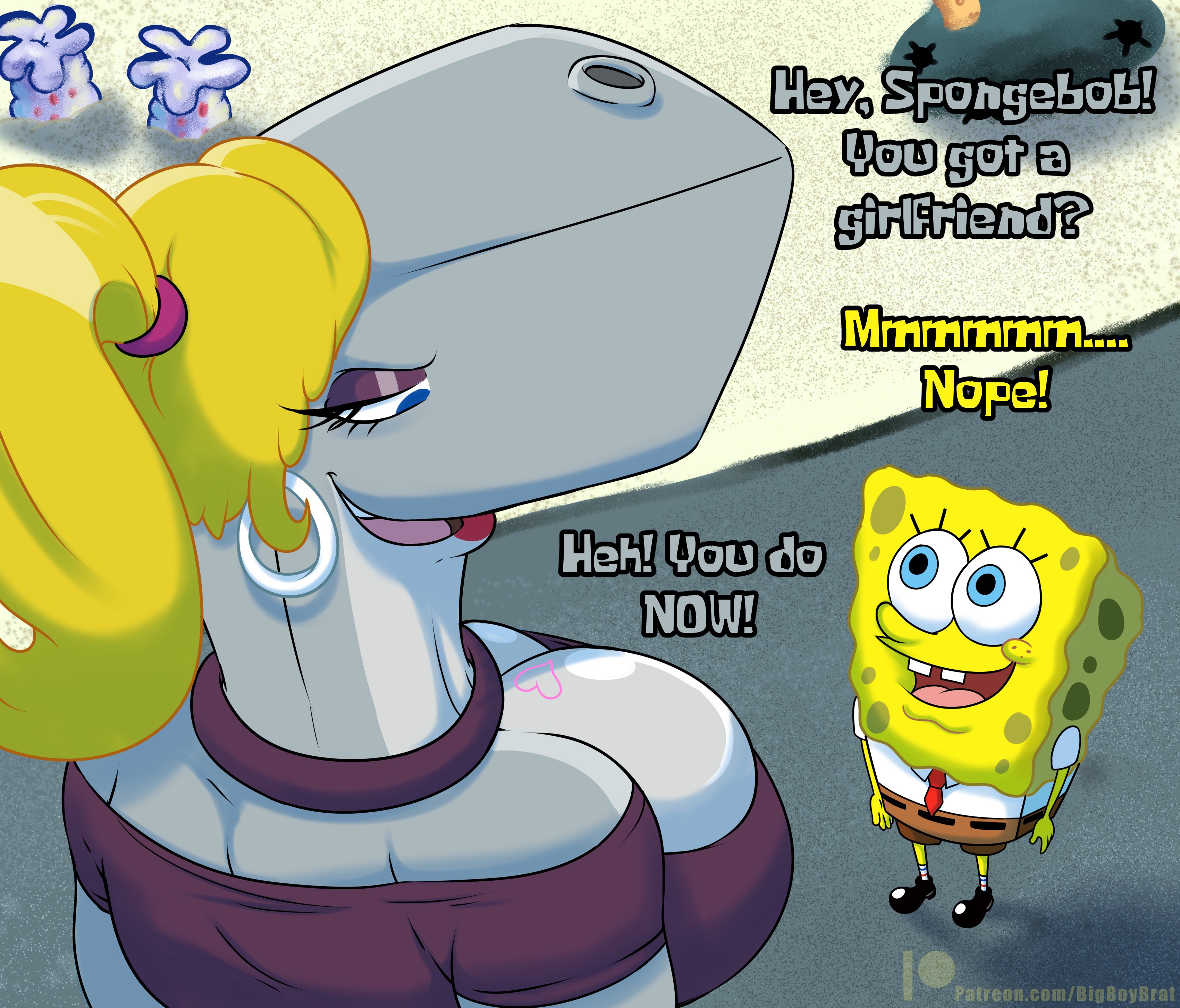 1boy, 1girls, aged up, anthro, big breasts, blonde hair, boob tattoo, breasts, cetacean, cleavage, clothing, clueless, clueless male, dialogue, duo, earring, english text, female, femdom, funny, huge breasts, jpg, large breasts, larger female, looking at another, male, mammal, marine, meme, nickelodeon, open mouth, pearl krabs, ponytail, powerful, sea sponge, size difference, smaller male, smile, smug, smug face, smug grin, sperm whale, sponge, spongebob squarepants, spongebob squarepants (character), teenagebratwurst, text, top heavy, twitter link, whale, yellow hair, yellow skin, you got a girlfriend? no well you do now! (meme)