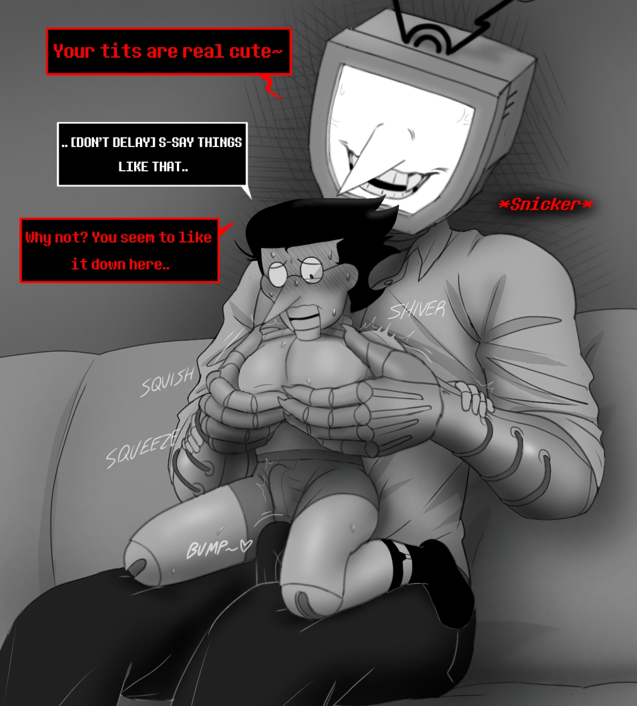 alternate universe, boner, cliodoesntdraw, clothed, defernull, deltarune, dialogue, dirty talk, erection under clothes, fondling, gay, half-dressed, male, male only, sitting on lap, size difference, sock garters, spamton g spamton, teasing, tenna (deltarune), yaoi
