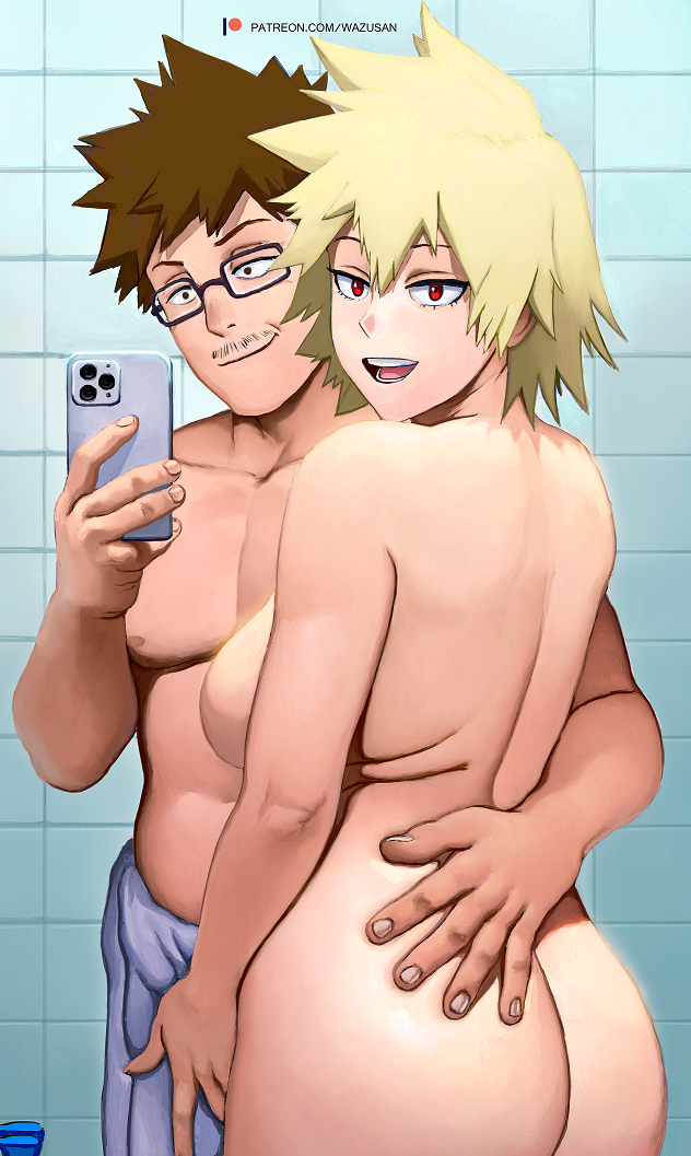 1boy, 1girls, ass, bathroom, big ass, big breasts, blonde hair, boku no hero academia, breasts, canon couple, clothed male nude female, female, hand on ass, hand on butt, hand on hip, holding partner, husband and wife, looking back, male, married couple, masaru bakugou, milf, mitsuki bakugou, my hero academia, naked, nude, nude female, red eyes, selfie, short hair, sideboob, wazu-san, wholesome