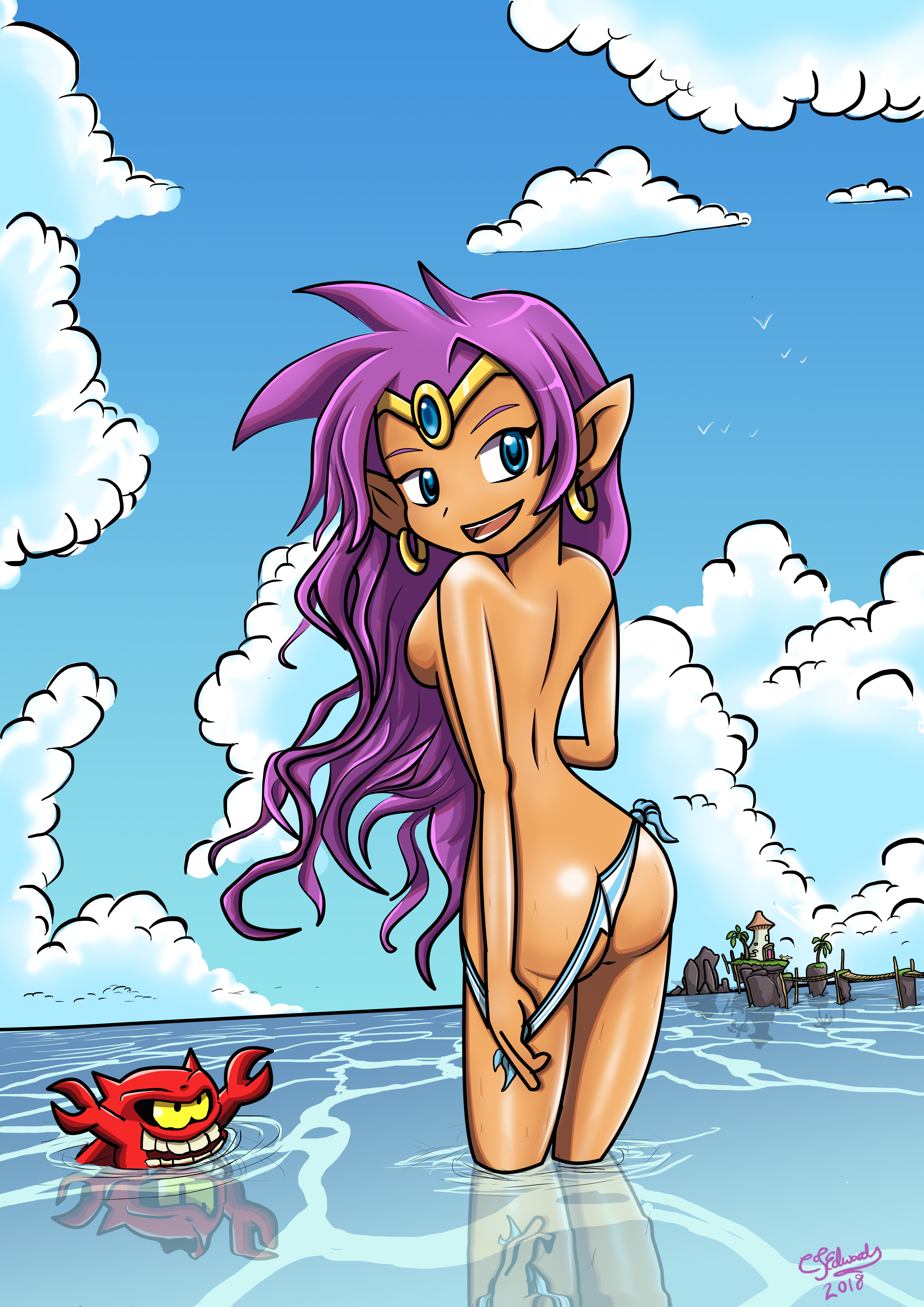 1girls, back view, bikini bottom, bikini pull, breasts, chrisedwardsuk, crab, female, female only, from behind, looking back, parody, partially submerged, shantae, shantae (character), sideboob, smooth skin, solo, topless, water