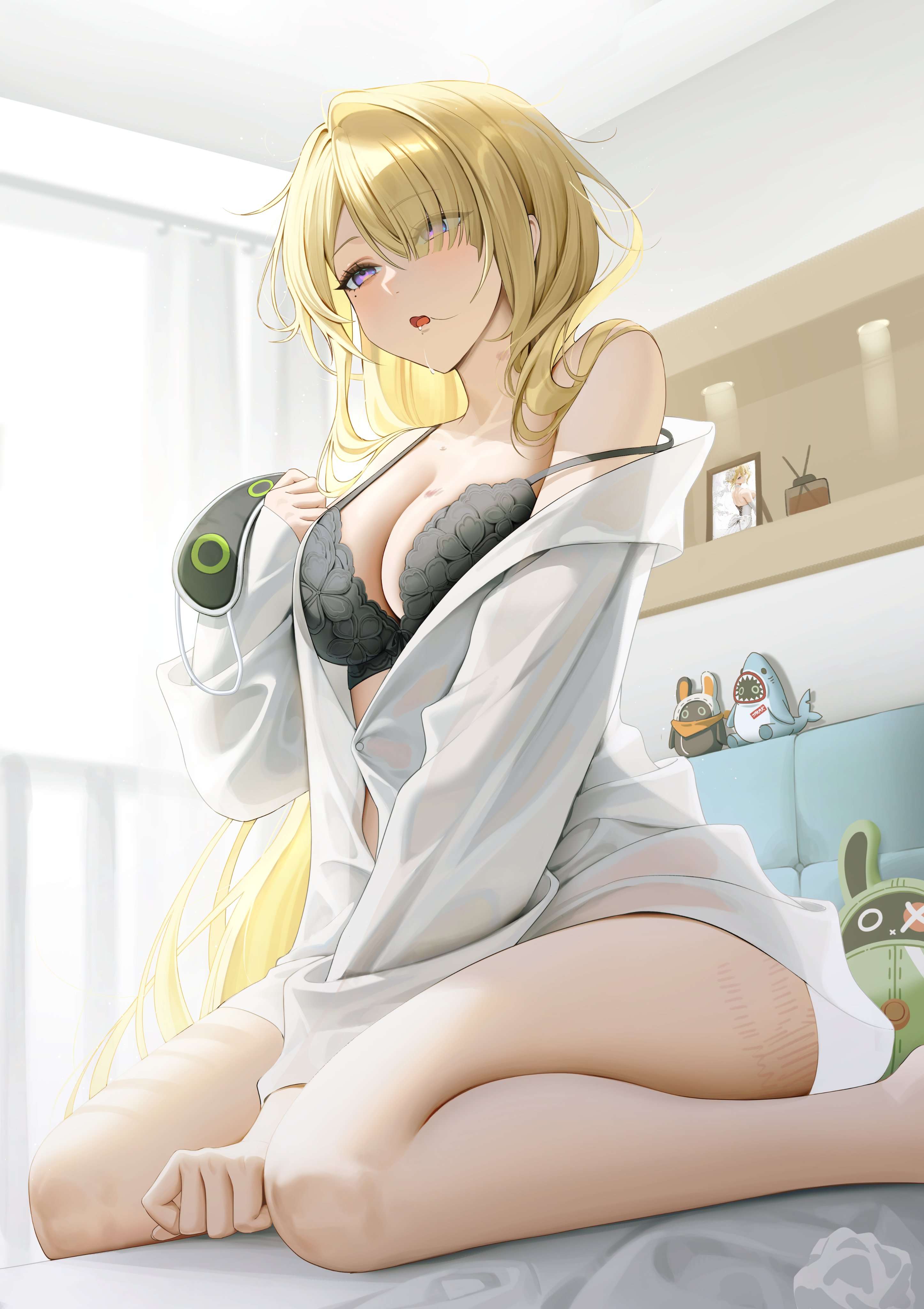 1girls, absurdres, black bra, blindfold, blush, bra, breasts, cleavage, drooling, eous (zenless zone zero), evelyn chevalier, eyes visible through hair, female, hair over one eye, hickey, highres, indoors, kkuni, large breasts, long hair, long sleeves, mole, mole under eye, off shoulder, open mouth, purple eyes, shirt, solo, thighs, underwear, white shirt, zenless zone zero