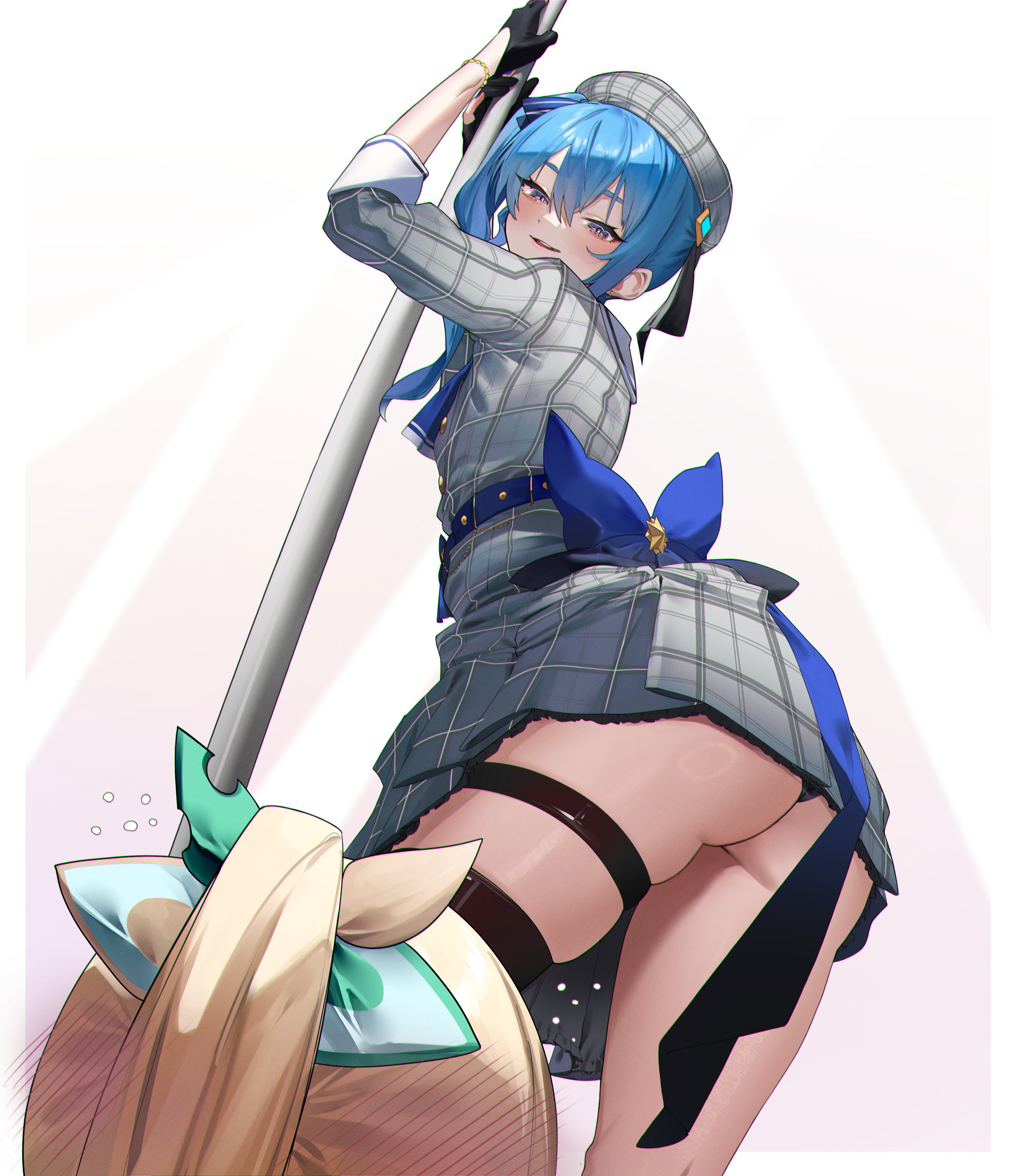 2girls, ass, blonde hair, blue eyes, blue hair, clothed, dress, eredhen, female, hat, hololive, hololive gen 0, hololive japan, holox, hoshimachi suisei, kazama iroha, looking down, pole, pole dancing, skirt, thighs, virtual youtuber