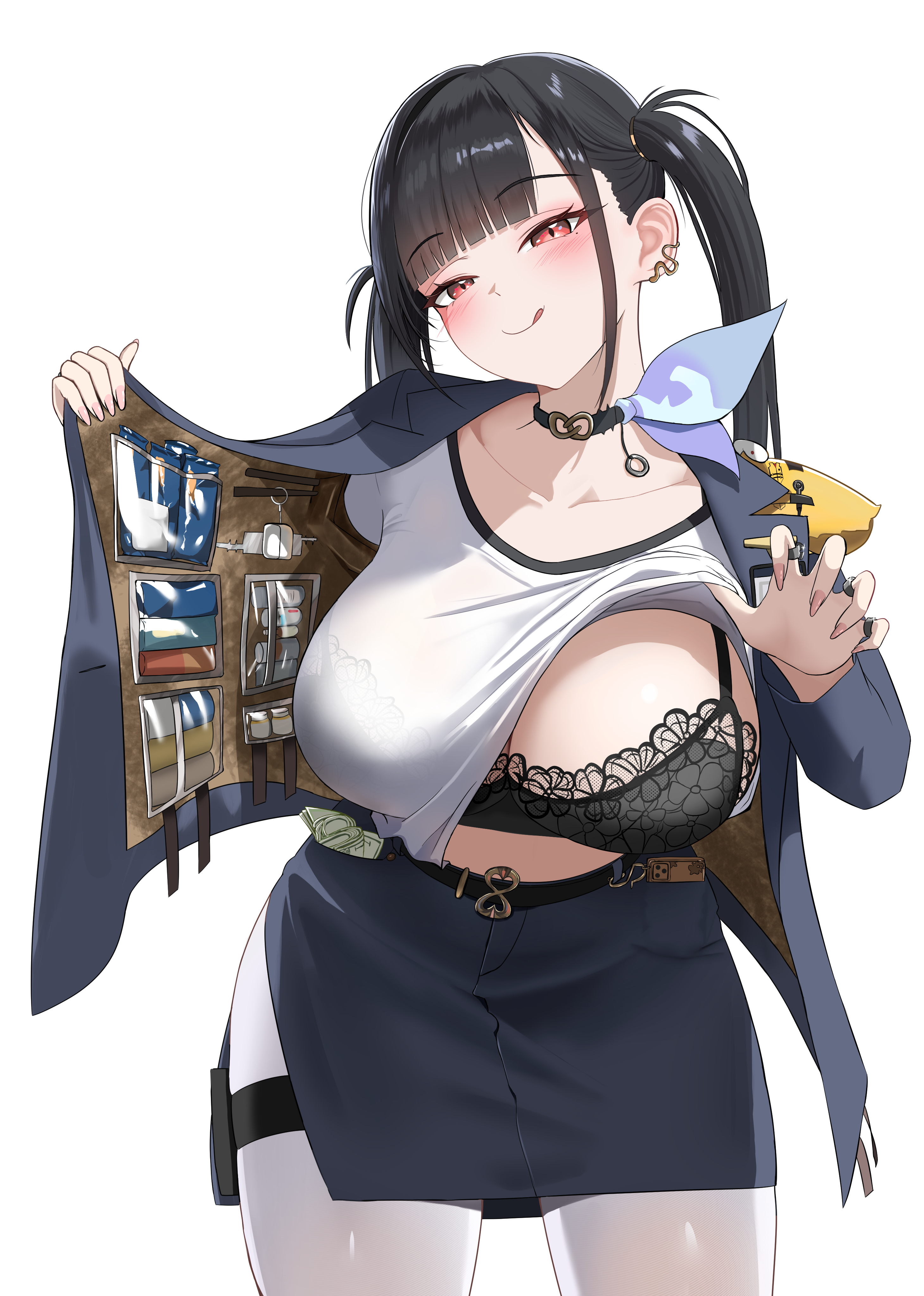 :q, absurdres, belt, black belt, black bra, black choker, black hair, blue jacket, blue skirt, blunt bangs, blush, bra, bra visible through clothes, breasts, choker, clothes lift, cowboy shot, female, goddess of victory: nikke, half-closed eyes, head tilt, highres, huge breasts, jacket, lace, lace bra, large breasts, leaning forward, long hair, looking at viewer, mole, mole under eye, open clothes, open jacket, opened by self, pantyhose, pencil skirt, red eyes, s redbutterfly, shirt, shirt lift, simple background, skirt, smile, solo, sora (nikke), thigh strap, tongue, tongue out, twintails, underwear, white background, white pantyhose, white shirt