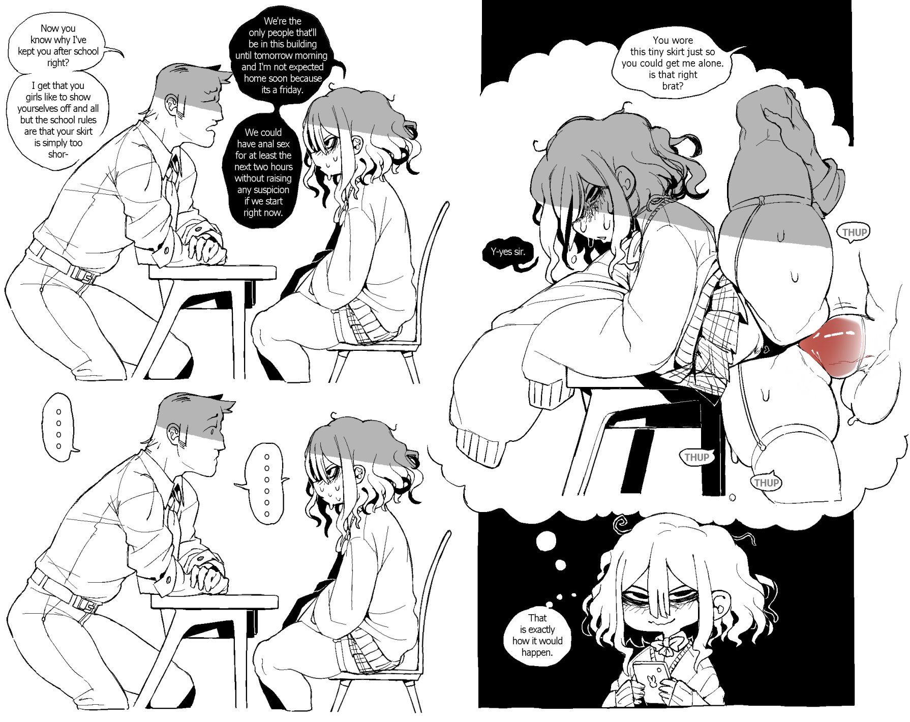 1boy, 1boy1girl, 1girls, 2025, anal, anal sex, bags under eyes, black speech bubble, blush, blush lines, blushing, brat, clothed sex, comic, condom, condom on penis, dark circles, daydream, daydreaming, dialogue, disheveled, disheveled hair, dizzyspells, english text, fantasizing, female, female pervert, garter straps, inviting, inviting to sex, loser, male, marigold (dizzyspells), messy hair, miniskirt, older male, older male and younger female, original, original character, oversized clothes, oversized sleeves, panties, penis, phone, pink condom, plaid skirt, pleated skirt, school uniform, schoolgirl, seductive, short skirt, sketch, sketch page, skindentation, skirt, sleeves past fingers, sleeves past wrists, tagme, teacher, teacher and student, teacher/student, text, thick thighs, thighhighs, thought, thought bubble, thought bubbles, thoughts, uncolored, white speech bubble, younger female