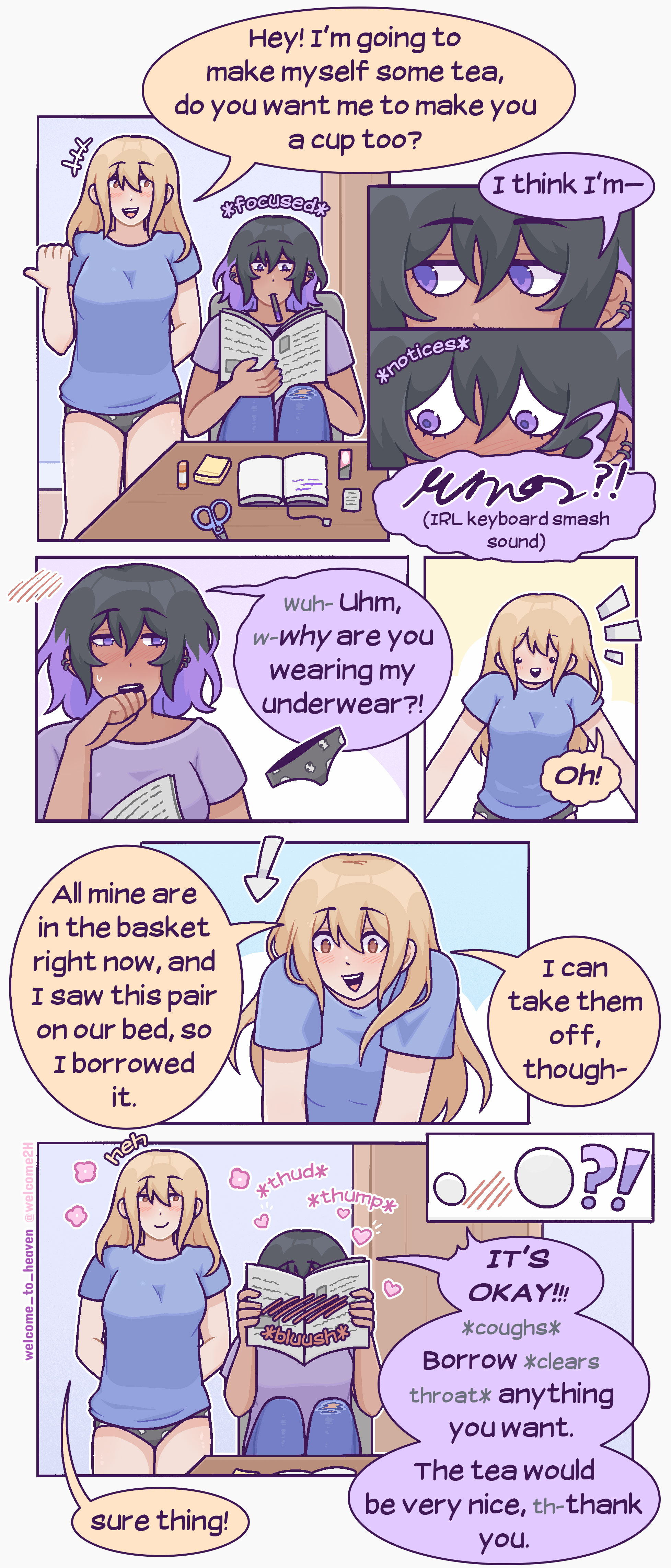 2girls, are we engaged?, black hair, blonde hair, blush, blushing profusely, book, brown eyes, clara (welcome to heaven), color coded speech bubble, comic, comic panel, dark skin, dark-skinned female, ear piercing, english text, eyes wide open, female, female/female, flowers, flustered, flustered female, fully clothed, gay panic, goth panties, heart, heartbeat, hearts around head, hiding face, incomprehensible, interracial, interracial yuri, keyboard spam text, lela (welcome to heaven), lesbian couple, light skin, light-skinned female, multiple females, multiple girls, no pants, o///o, panties, pantsless, partially clothed, pen in mouth, pulling down panties, purple eyes, purple hair, purple highlights, reading, reading newspaper, romantic couple, sapphic, shocked, shocked eyes, smirk, smirking, surprised, sweat, sweating, taking panties off, thighs, torn jeans, trans woman, transfem, transgender, transgender woman, two-tone hair, underwear, wearing others clothes, wearing partner's clothes, welcome to heaven, wholesome, wholesome yuri, wide eyed