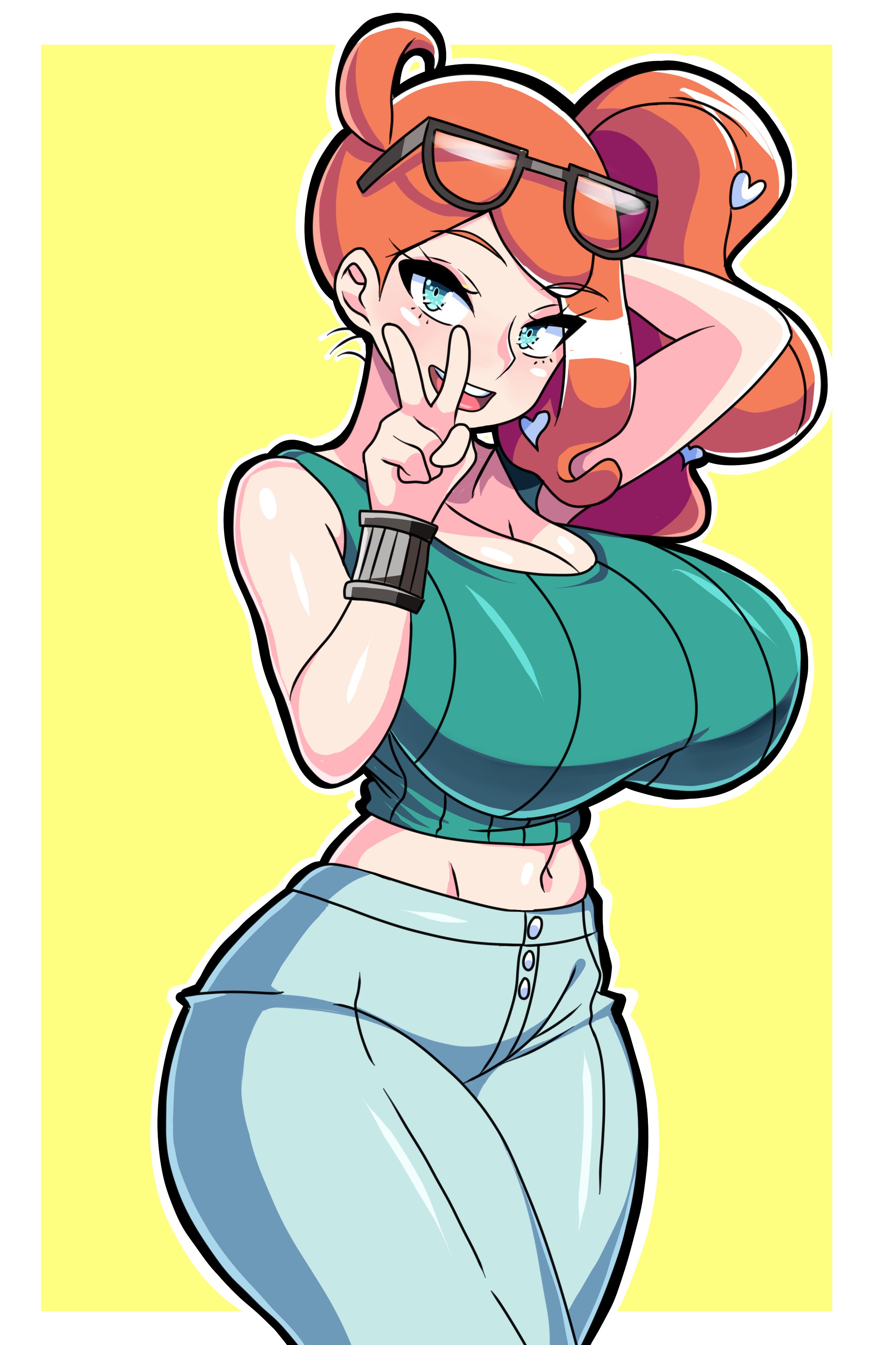 absurdres, arm up, big breasts, black-framed eyewear, breasts, cleavage, commentary, crop top, english commentary, eyewear on head, female, game freak, green eyes, green shirt, hair ornament, heart, heart hair ornament, highres, kagamisama29, large breasts, looking at viewer, midriff, navel, nintendo, no coat, open mouth, orange hair, pants, pokemon, pokemon ss, pokemon sword and shield, pokemon swsh, senak012, shirt, side ponytail, smile, sonia (pokemon), v, yellow background