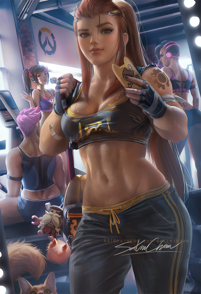 2d, 4girls, asian, big breasts, blizzard entertainment, breasts, brigitte, brigitte lindholm, cleavage, d.va, dark skin, female, female only, hana song, latina, looking at viewer, multiple females, multiple girls, muscles, muscular, muscular female, overwatch, sakimichan, solo focus, sombra, tattoo, video games, yoga pants, zarya