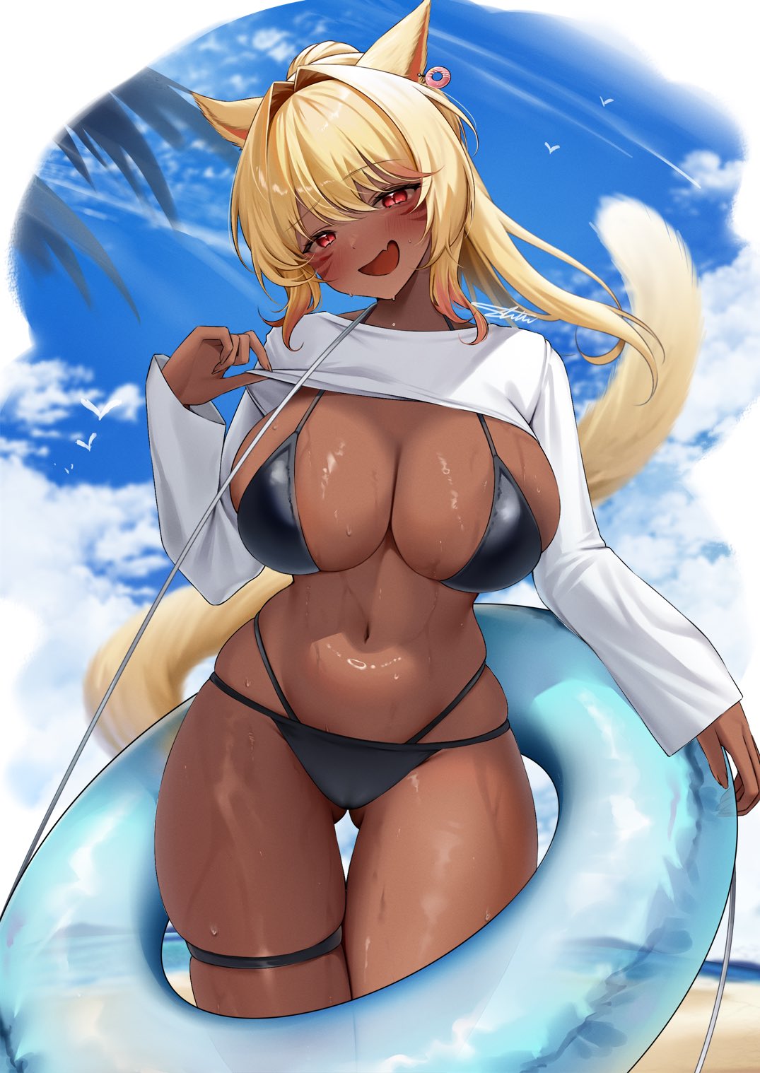 :d, bikini, black bikini, blush, breasts, curvy, dark skin, dark-skinned female, embarrassed, fang, female, final fantasy, final fantasy xiv, innertube, large breasts, miqo'te, shhilee, skin fang, voluptuous