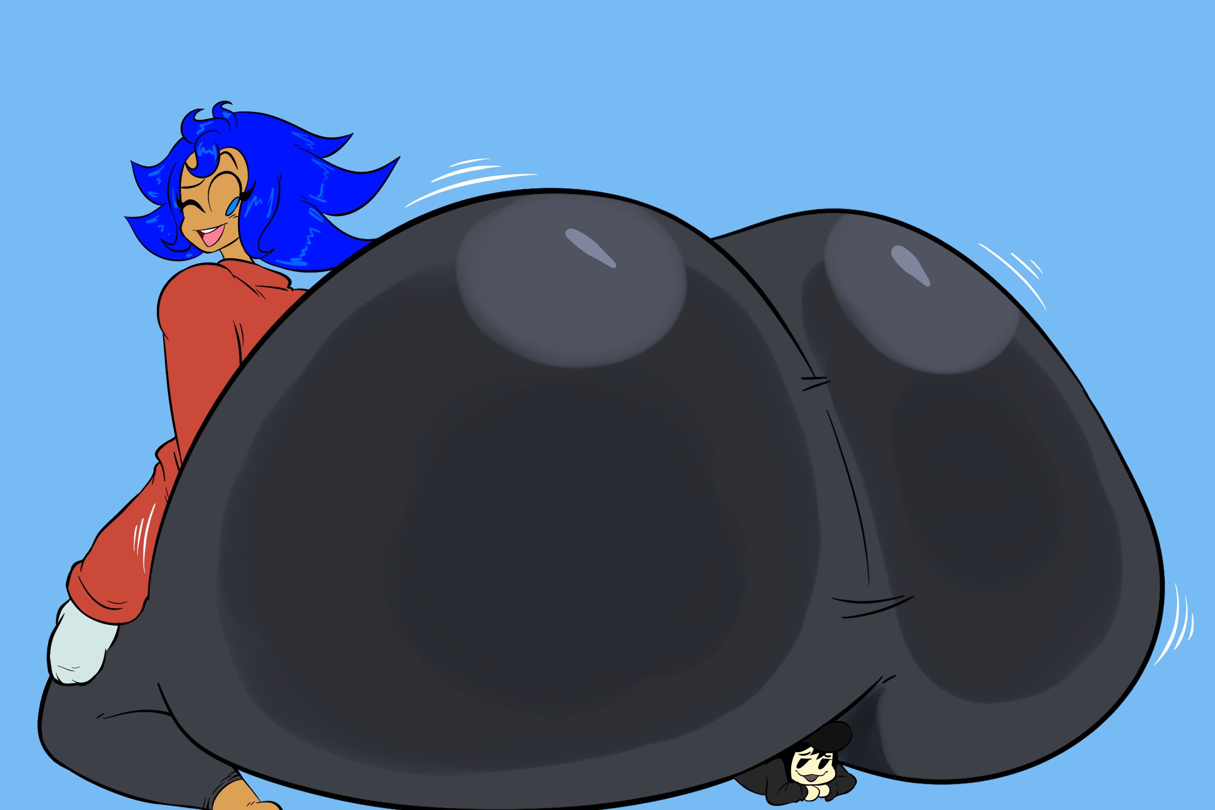 1boy, 1boy1girl, 1girls, ass, ass focus, big ass, big butt, bigger female, blue eyes, blue hair, bubble butt, cgthiccart, character request, curvaceous, curvy, curvy female, curvy figure, fat ass, female, giantess, hi res, high resolution, highres, huge ass, huge butt, hyper, hyper ass, hyper butt, large ass, large female, larger female, leggings, male, male/female, massive ass, medium hair, mini giantess, nikki (cgthiccart), oc, original, original character, original characters, simple background, sitting, sitting on person, size difference, smaller male, smother, smothering, straight, tagme, thick ass, thick thighs, thighs, tights, voluptuous, voluptuous female, wholesome