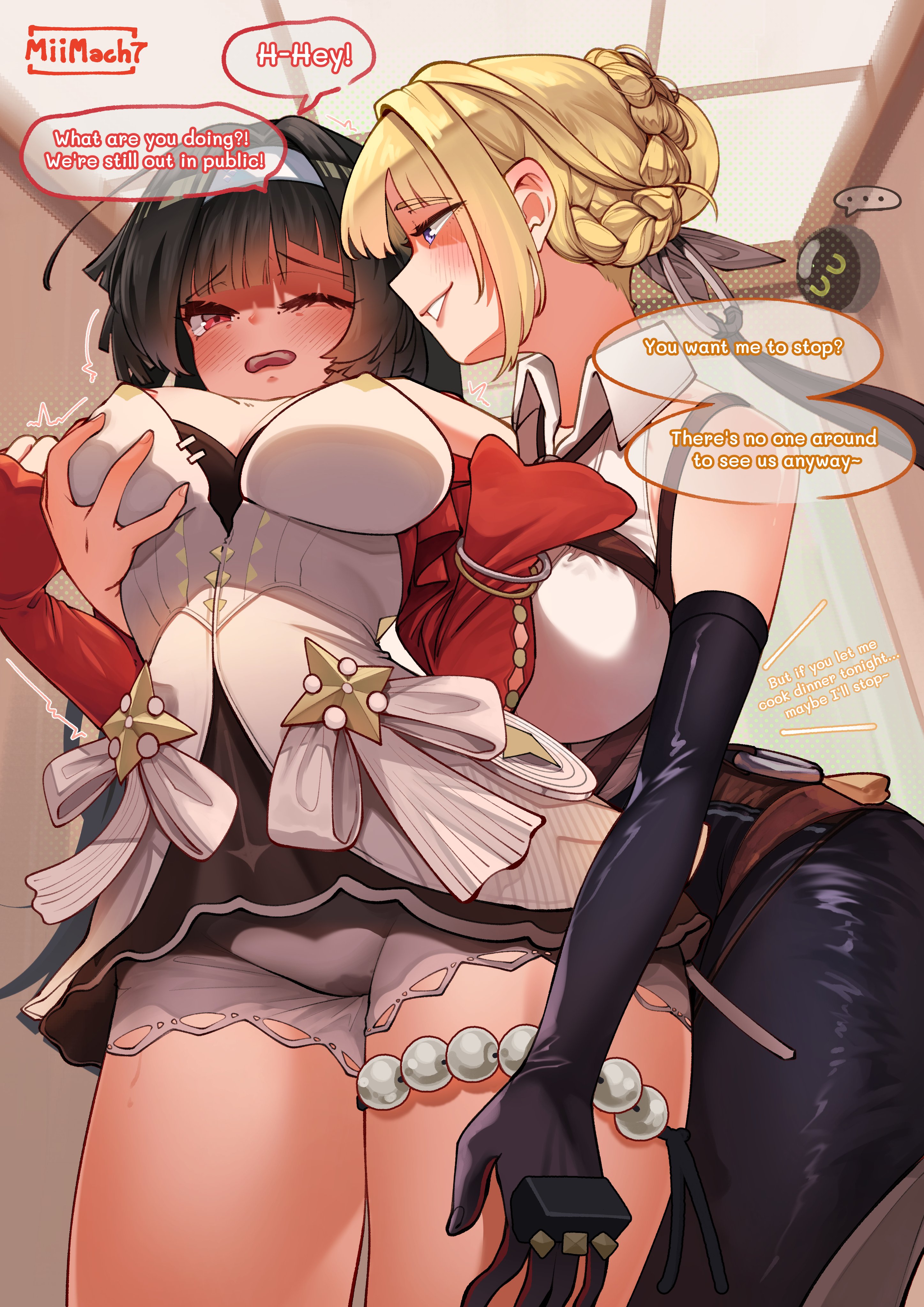 2girls, absurdres, ass, astra yao, astra yao (cosplay), before sex, big ass, big breasts, big thighs, black gloves, black hair, black pants, blonde hair, breasts, clothed, clothing, dialogue, dress, earrings, elbow gloves, evelyn chevalier, evelyn chevalier (cosplay), female, floating hair, from behind, gigantic ass, gigantic thighs, gloves, hairband, highres, huge ass, huge breasts, huge thighs, imminent sex, jewelry, large breasts, lesbian, miimach7, mole, mole under eye, multiple females, multiple girls, panties, pants, purple eyes, red eyes, short dress, simple background, single elbow glove, smile, text, thick thighs, thigh strap, thighs, tight clothes, tight pants, underwear, white dress, white hairband, white panties, yuri, zenless zone zero