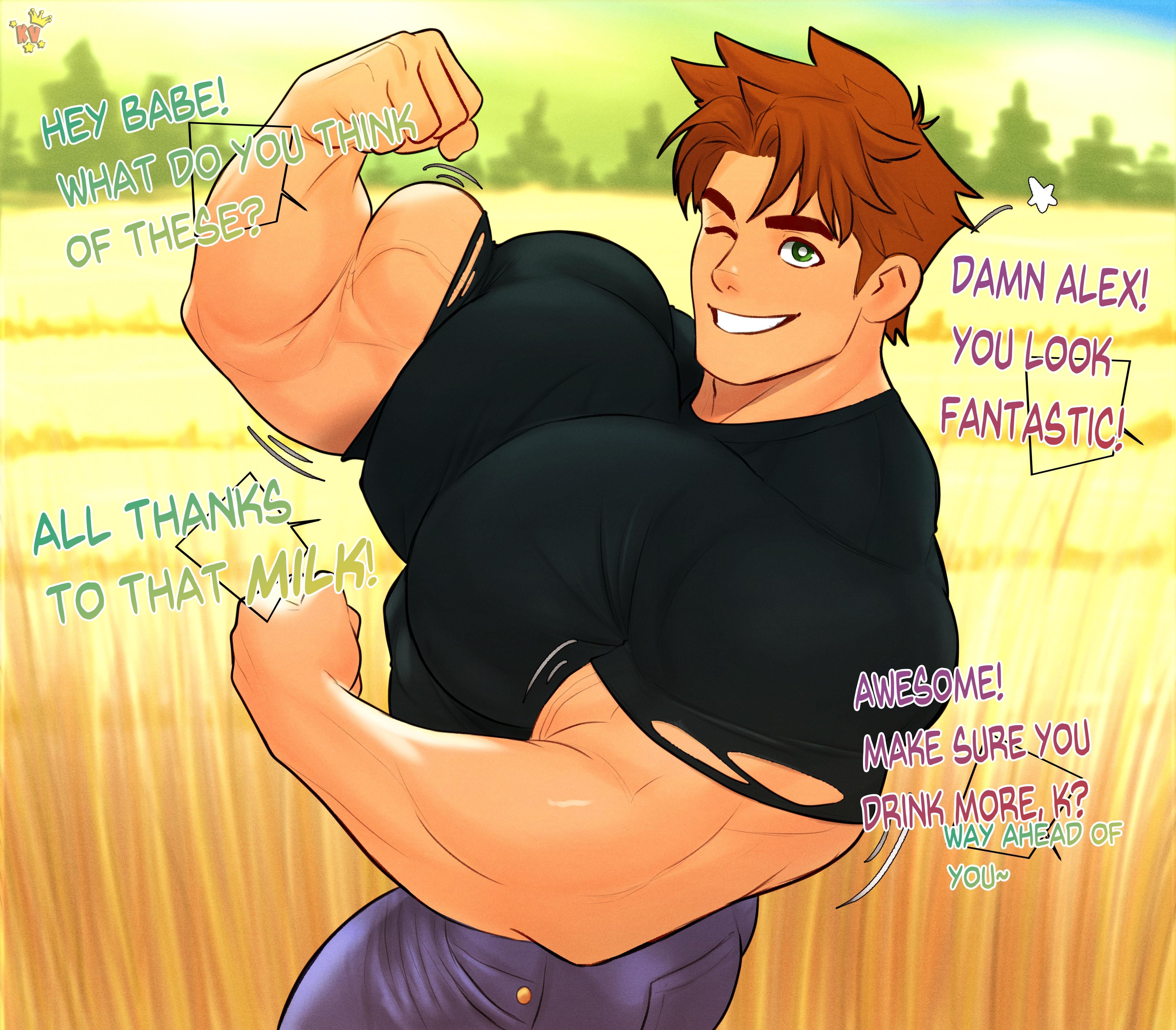 after growth, alex mullner, bara, black shirt, blinking, blue jeans, brown hair, brown-haired male, clothes too small, cute male, english dialogue, english text, field, field background, flexing, flexing arm, flexing arms, flexing bicep, flexing both biceps, flexing muscles, green eyes, green-eyed male, growth potion, growth serum, honestly quite incredible, jeans, kingdom velvet, looking at viewer, male, male only, muscles, muscular, muscular male, nature, nature background, part of a series, part of a set, ripped clothing, ripped shirt, sexy male, showing muscles, showing off, showing off muscles, shredded clothes, small clothes, smile, smiling, smiling at viewer, star (symbol), stardew valley, tearing clothes, tearing clothing, tearing up, throbbing, too small clothes, tricked, watermark, wink, winking, winking at viewer, yaoi, zooweemama