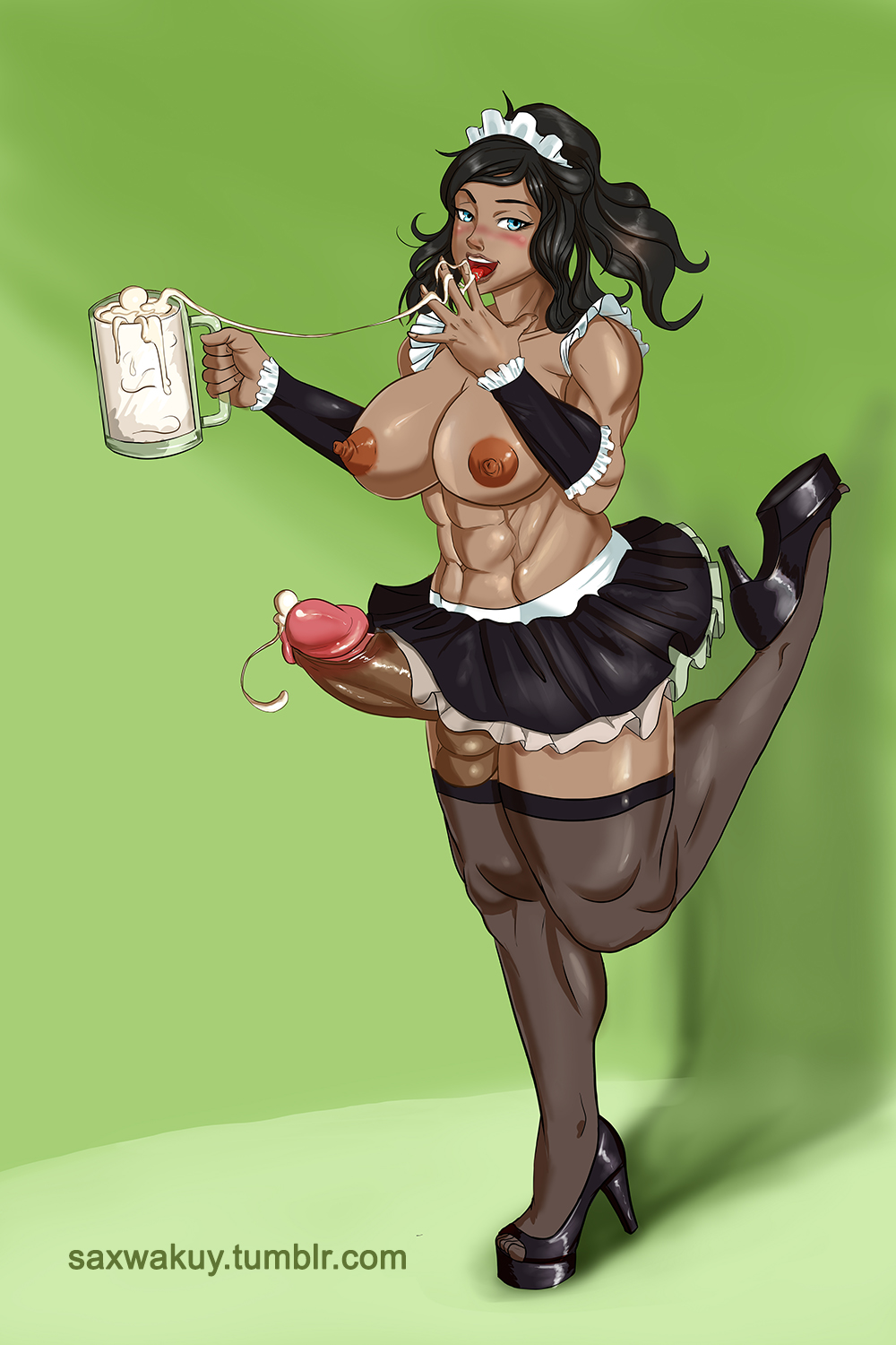 1futa, abs, ahe gao, areola, areolae, artist name, avatar legends, big breasts, bimbo, blush, breasts, busty, cleavage, clothing, cum, dark skin, dark-skinned futa, dickgirl, drinking cum, erection, futa only, futanari, high heels, huge cock, intersex, korra, large breasts, looking at viewer, maid, muscles, muscular, muscular futa, nipples, open toe shoes, penis, penis under skirt, saxwakuy, skirt, solo, solo futa, stockings, the avatar, the legend of korra, thighhighs, voluptuous, water tribe