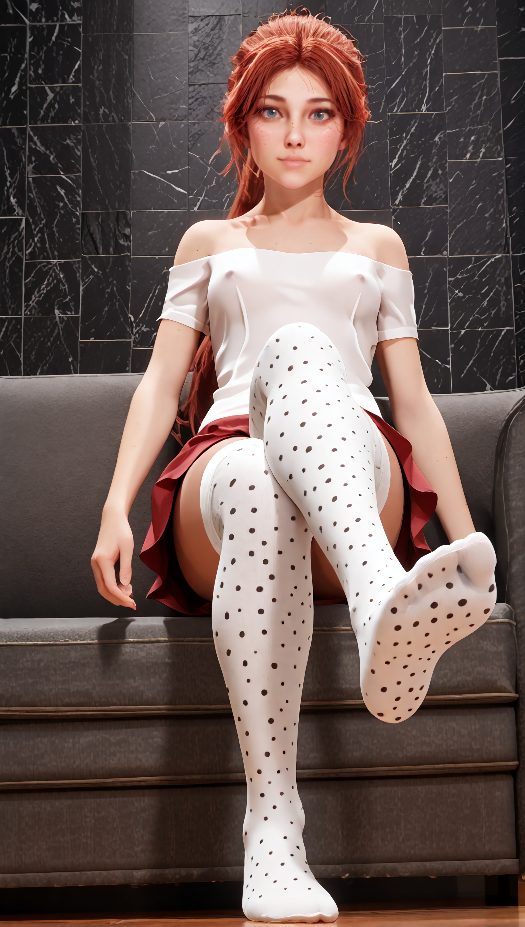 1girls, 3d, ai assisted, ai generated, bare shoulders, blue eyes, breasts, clair obscur: expedition 33, closed mouth, clothing, collarbone, covered erect nipples, covered nipples, feet, female, foot focus, foot up, freckles, freckles on face, fully clothed, ginger, ginger hair, indoors, legwear, light skin, light-skinned female, long hair, low-angle view, maelle (clair obscur: expedition 33), nipple outline, nipples, no bra, on sofa, pattern clothing, pattern legwear, polka dot, polka dot legwear, ponytail, realistic, red hair, red skirt, shirt, short skirt, short sleeves, shoulders, skirt, sofa, solo, solo female, straykato, teenage girl, teenager, thighhighs, thighs, white shirt