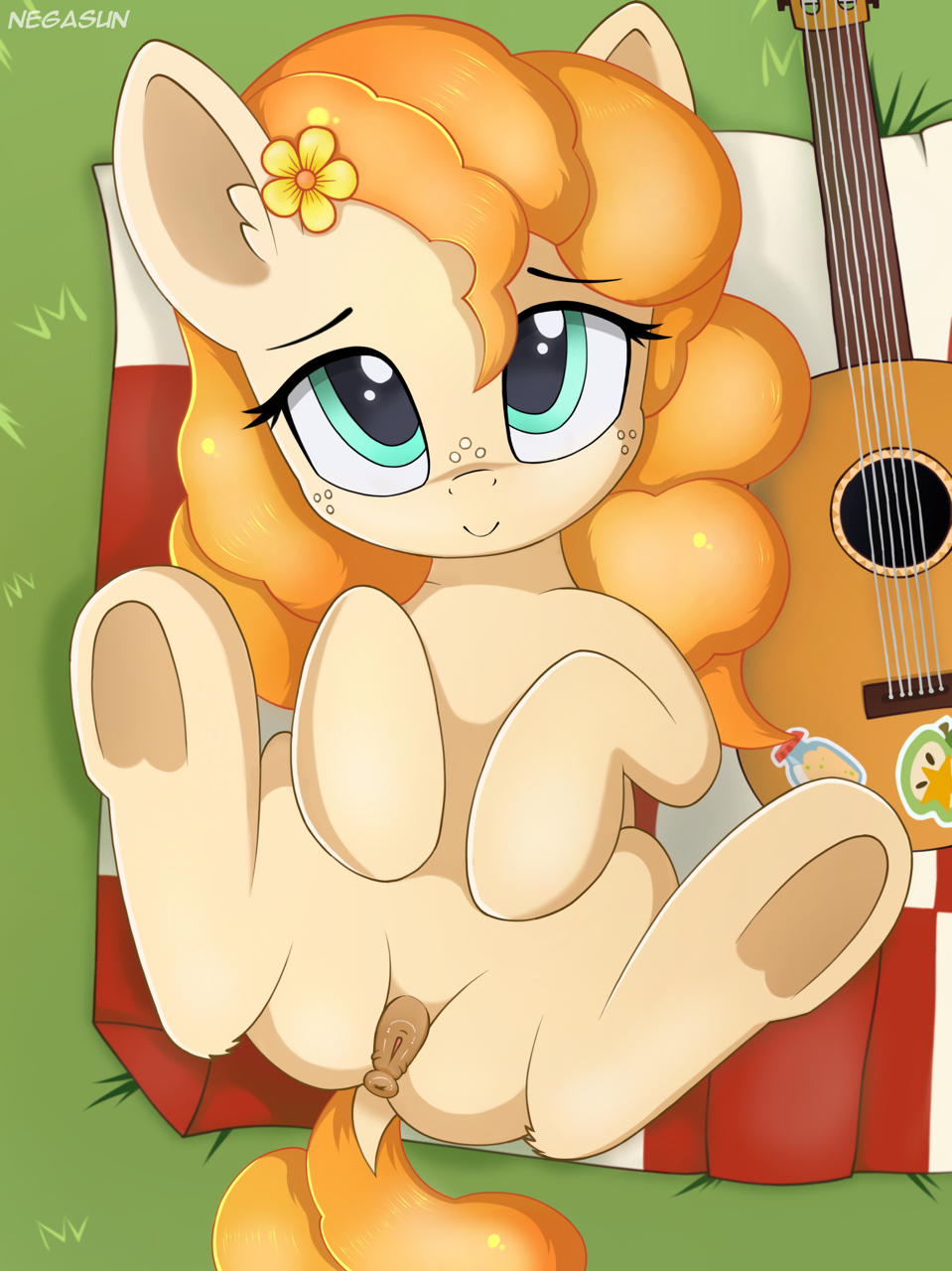 2018 animal_genitalia animal_pussy anus digital_media_(artwork) dock earth_pony equine equine_pussy female flower freckles friendship_is_magic guitar hair hair_flower hi_res hooves horse looking_at_viewer lying mammal musical_instrument my_little_pony negasun on_back pear_butter_(mlp) plant pony pussy smile solo underhoof