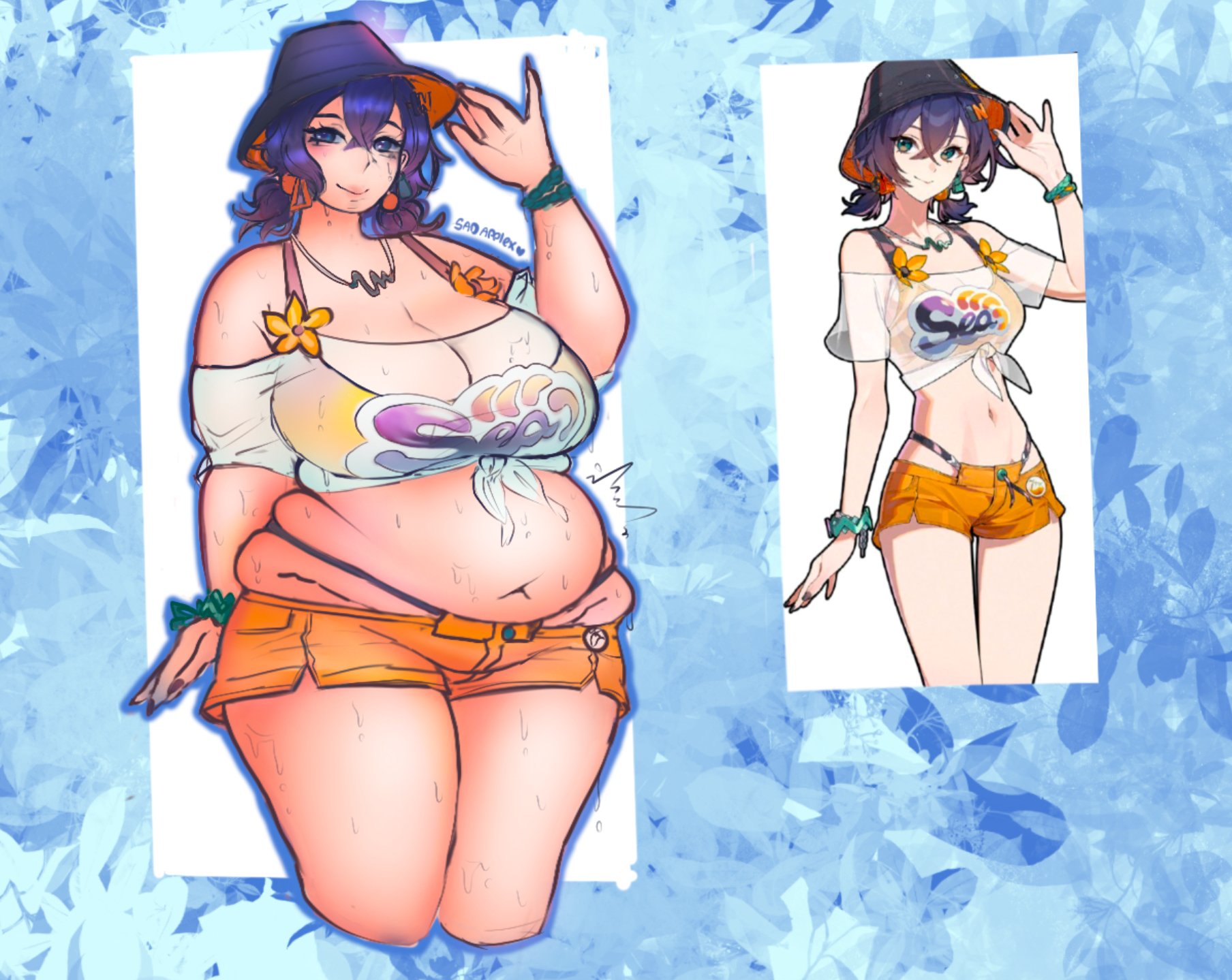 1girls, bbw, belle (summer skies) (zenless zone zero), belle (zenless zone zero), breasts, bucket hat, bursting belly, cleavage, exposed fat belly, fat, fat female, fat woman, female, female only, highres, huge breasts, human, large breasts, official alternate costume, overweight, overweight female, revealing clothes, sadapplex, skindentation, solo, solo female, weight gain, weight gain female, zenless zone zero