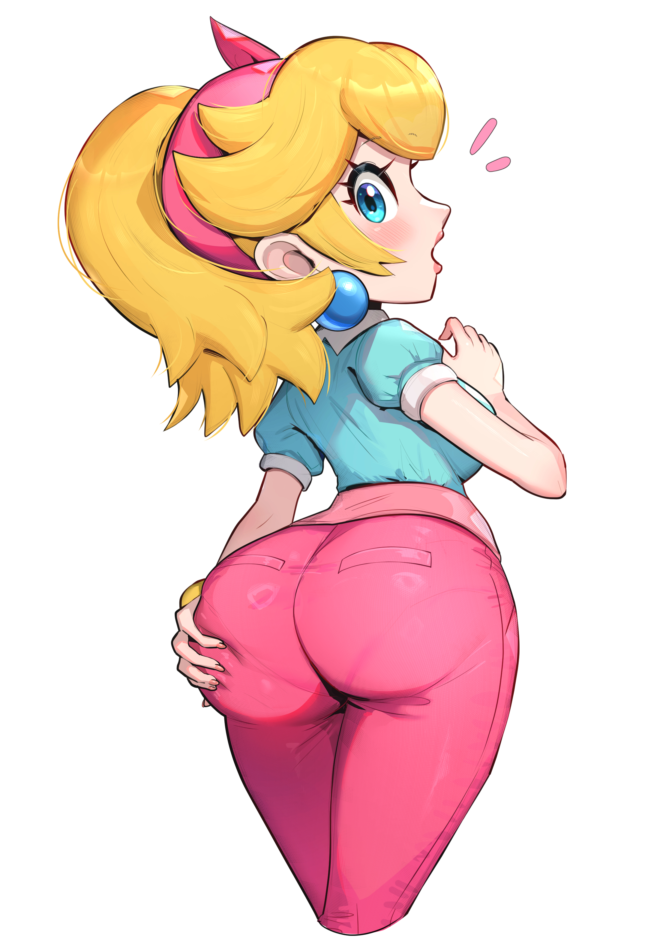 1girls, ass, back view, blonde hair, blue eyes, bubble ass, bubble butt, earrings, female, gonzarez, gonzarez1938, grabbing own ass, light skin, light-skinned female, looking over shoulder, mario (series), mario kart, mario kart world, nintendo, princess peach, princess peach (sightseeing), round ass, solo, thick ass, tight pants, white background