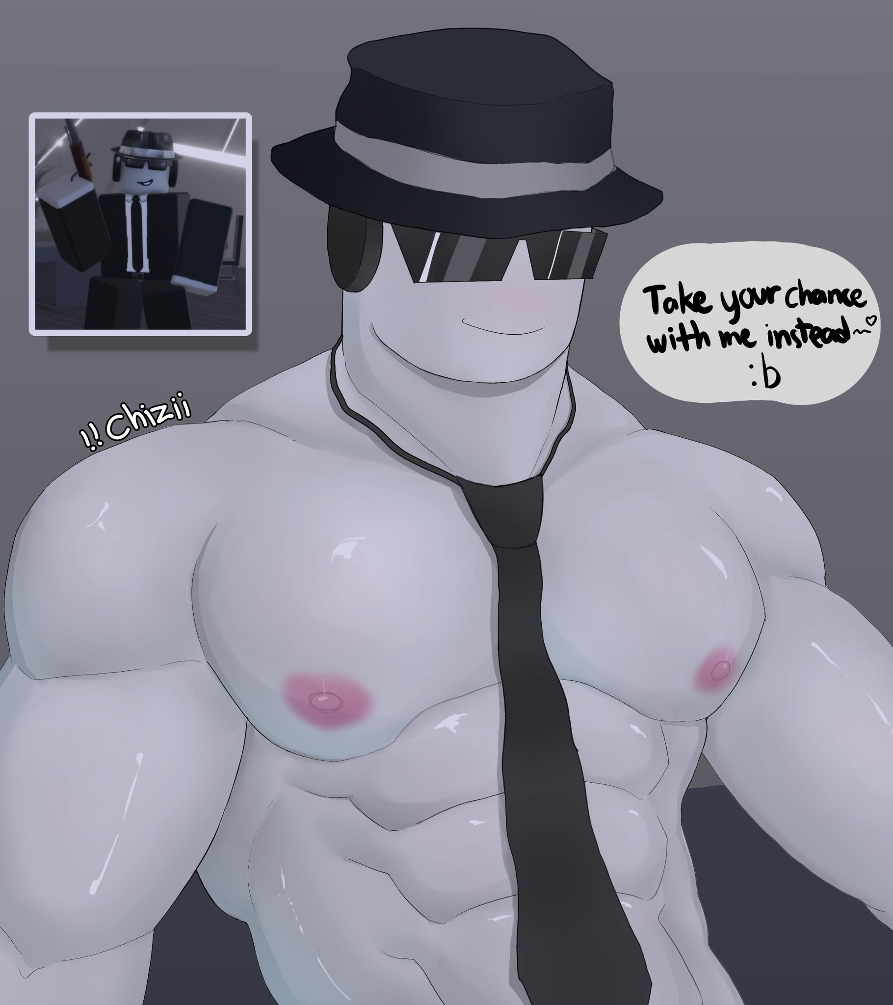 1boy, abs, bara, chance (forsaken), fedora, forsaken (roblox), gay, glasses, grey skin, half naked, headphones, male, male only, muscular, muscular male, nipples, rebelliousmilk, reference image, roblox, roblox game, robloxian, smug, solo, solo focus, tagme, tie, topless, yaoi