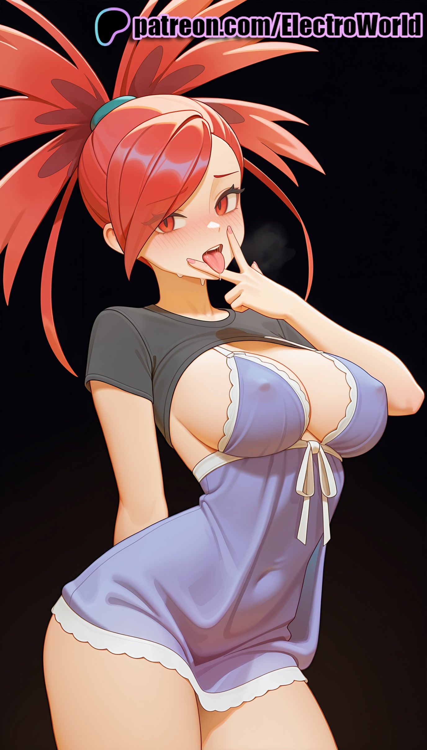 1girls, 2025, ai generated, artist name, big breasts, big chest, black background, blush, breasts, bust, busty, chest, covered nipples, electroworld, female, flannery (pokemon), hi res, high quality, high resolution, highres, large breasts, looking at viewer, patreon, patreon username, pokemon, red eyes, red hair, solo, stable diffusion, tongue, tongue out, watermark