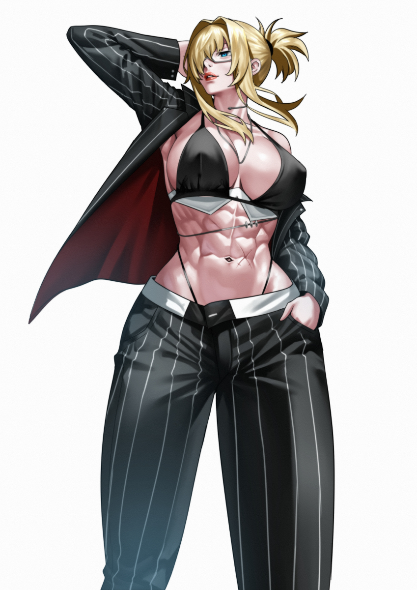abs, bigger female, blonde hair, breasts, female, glasses, goddess of victory: nikke, grave (nikke), mommy, muscular, muscular female, ponytail, sexy, suit, taller female