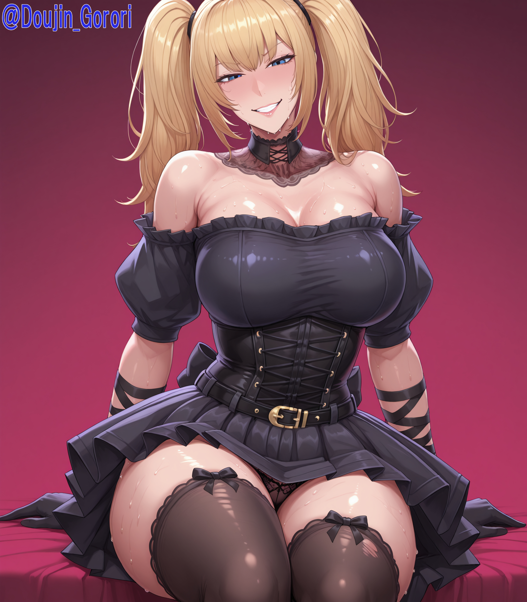 ai generated, ani (twitter), ass, big breasts, blue eyes, breast grab, breast squeeze, breasts, breasts out, doujingorori, dress, female, female only, happy, lifting skirt, long hair, nude, nude female, solo, solo female, thick ass, thick thighs, thighhighs, thighs, twitter, yellow hair