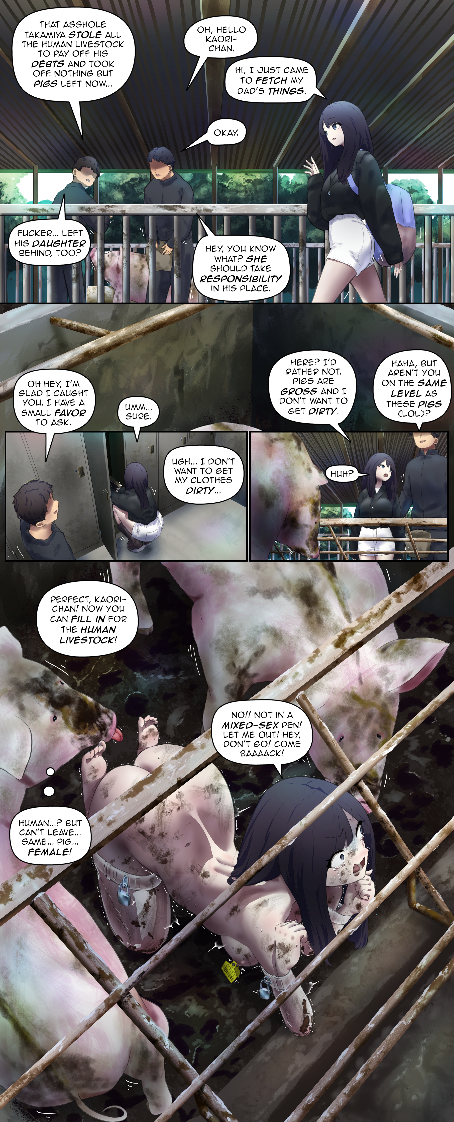 abuse, bondage, english, english text, farm, female, femsub, fest, fest (artist), human livestock, imminent bestiality, imminent rape, male, maledom, pig, slave, translated, women livestock