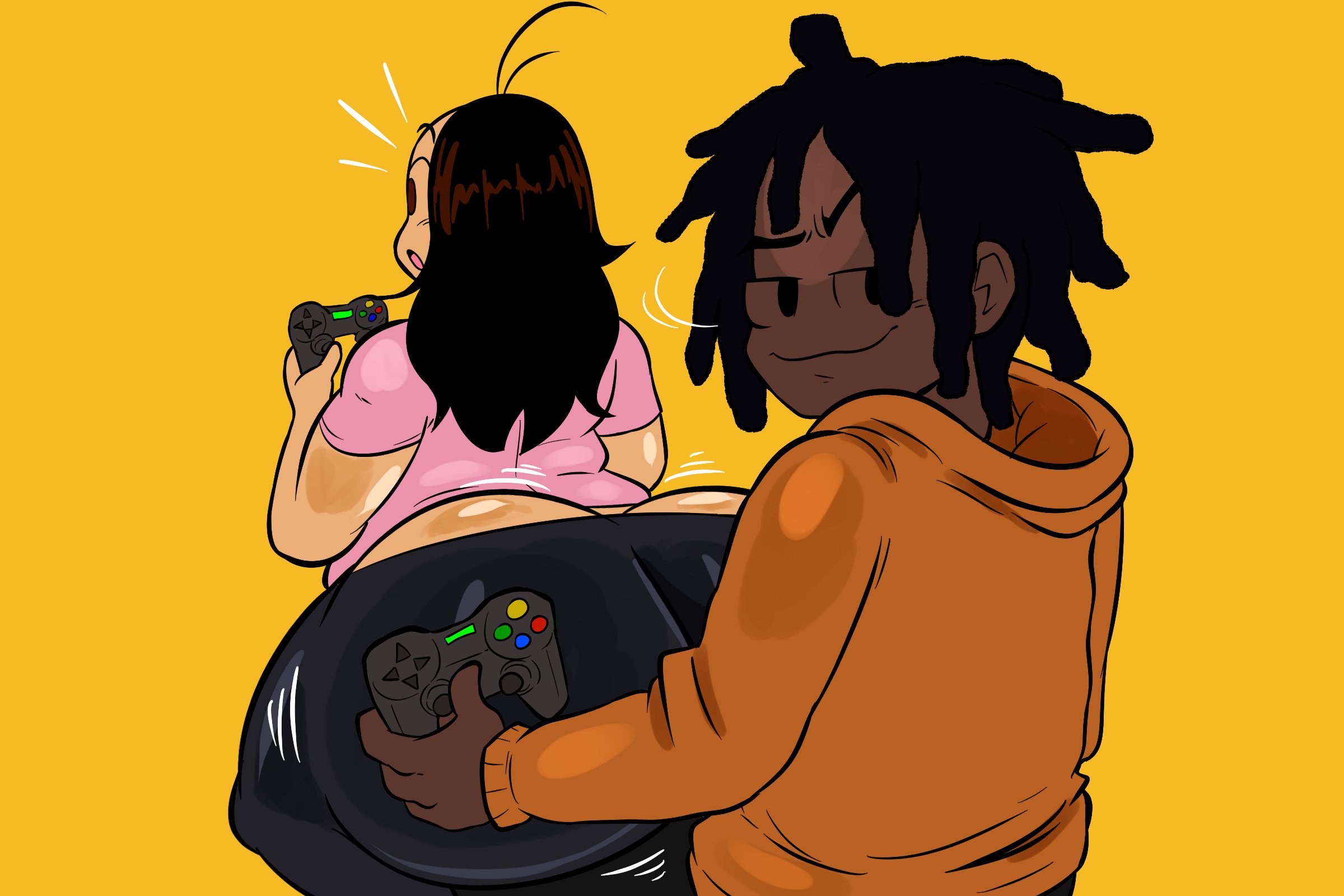 1boy, 1boy1girl, 1girls, ass, ass cleavage, ass crack, ass focus, back view, big ass, big breasts, big butt, bottom heavy, breasts, brown eyes, brown hair, bubble butt, busty, butt crack, cgthiccart, character request, controller, curvaceous, curvy, curvy female, curvy figure, dark skin, dark-skinned male, duo, duo focus, fat ass, feet, female, female focus, hi res, high resolution, highres, holding controller, holding object, huge ass, huge butt, large ass, long hair, male, male/female, oc, oc only, on lap, on person, original, original character, original characters, playing videogame, rear view, shortstack, simple background, sitting, sitting down, sitting on lap, sitting on person, straight, tagme, thick ass, thick thighs, thighs, valentina (cgthiccart), video game controller, video games, viewed from behind, voluptuous, voluptuous female