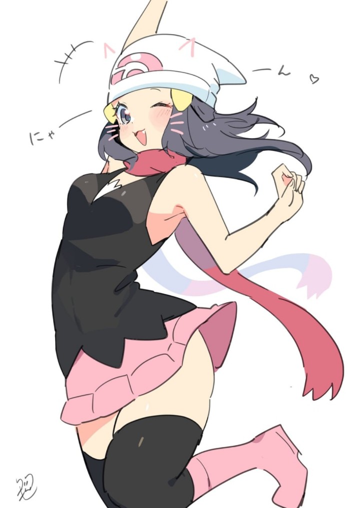 :d, 1girls, 2024, arm up, artist signature, beanie, black thighhighs, blush, boots, breasts, cat ears, dark hair, dawn (pokemon), fangs, female, female only, grey eyes, hairclip, hand up, heart symbol, highres, leg up, light skin, long hair, miniskirt, one eye closed, open mouth, pink boots, pink scarf, pink skirt, pokemon, pokemon dppt, ririmon, scarf, simple background, skirt, sleeveless, sleeveless shirt, small breasts, smile, softcore, solo, thick thighs, thighhighs, whiskers, white background, wholesome, winking at viewer
