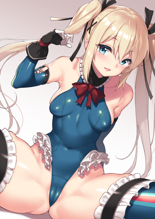 1girls, blonde hair, blonde-haired female, blue eyes, breasts, cleavage, dead or alive, elbow gloves, female, female only, frilled legwear, frilled leotard, frills, fuya (tempupupu), leotard, light skin, light-skinned female, looking at viewer, marie rose, marie rose (devilish servant against the splashing waves), one-piece swimsuit, petite, solo, spread legs, swimsuit, teenage female, teenager, thighhighs, twintails